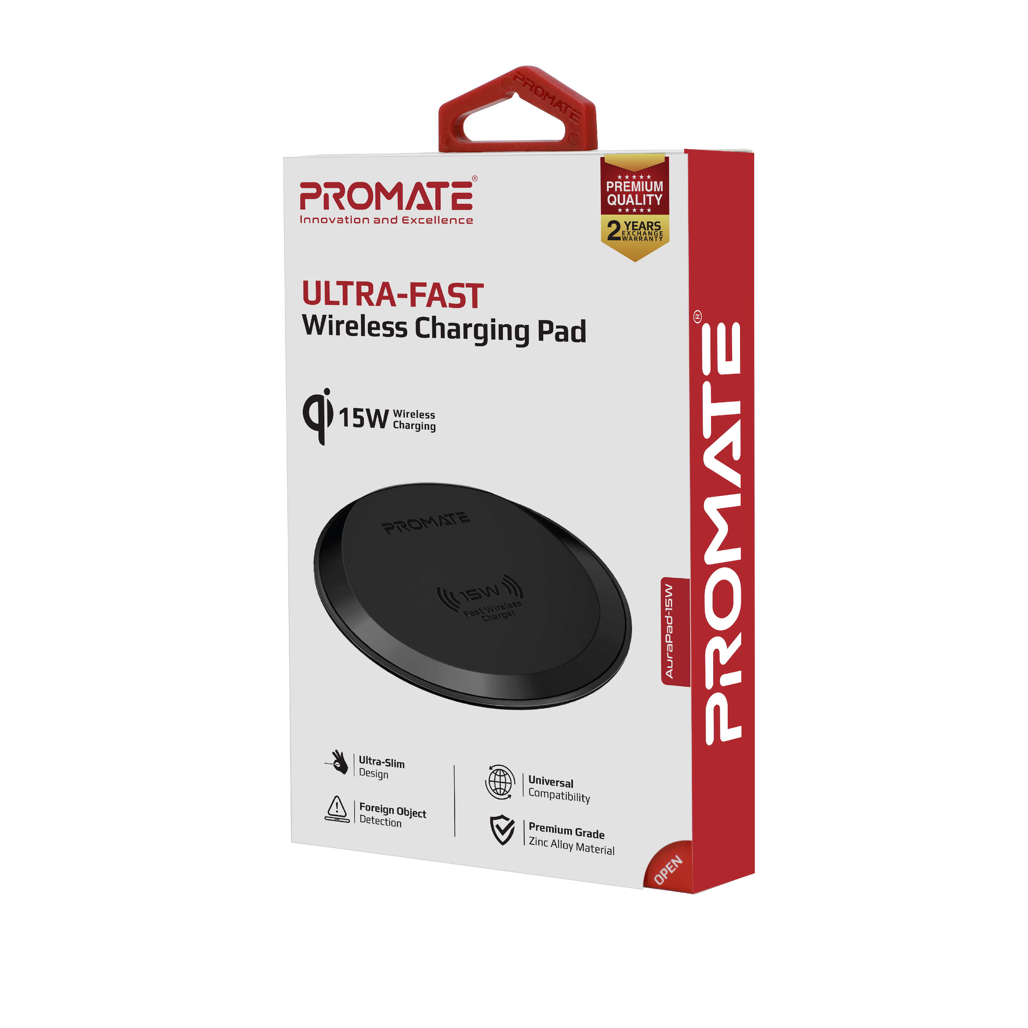 Caja de cargador inalámbrico Promate, almohadilla negra y detalles rojos.