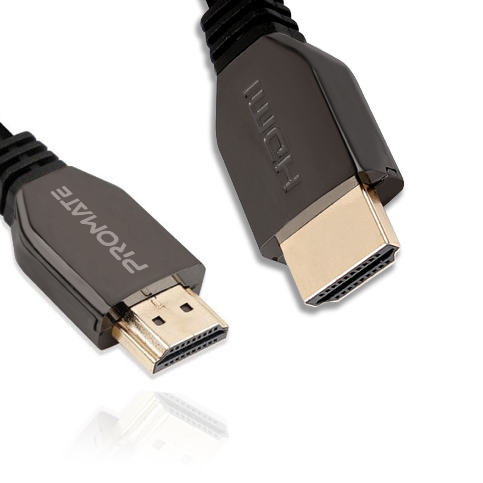 Cable HDMI negro con conectores dorados sobre fondo blanco. El cable tiene el logotipo de Promate.