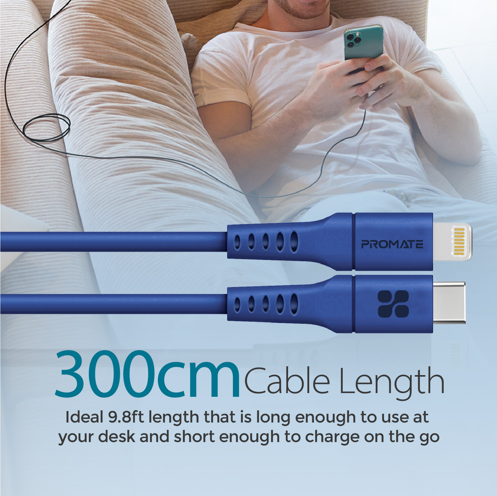 Cable de carga Promate azul con conectores Lightning y USB-C.