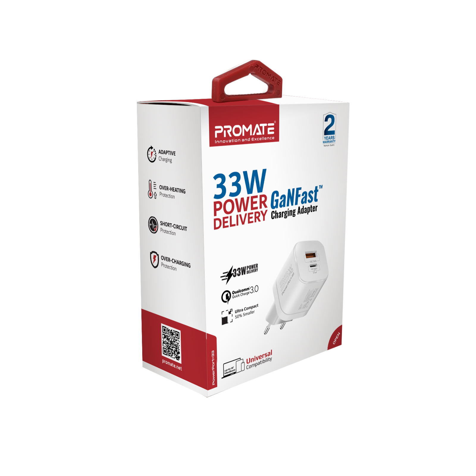 Una caja blanca y roja con un adaptador de carga y las palabras 33W Power GaNFast Delivery.