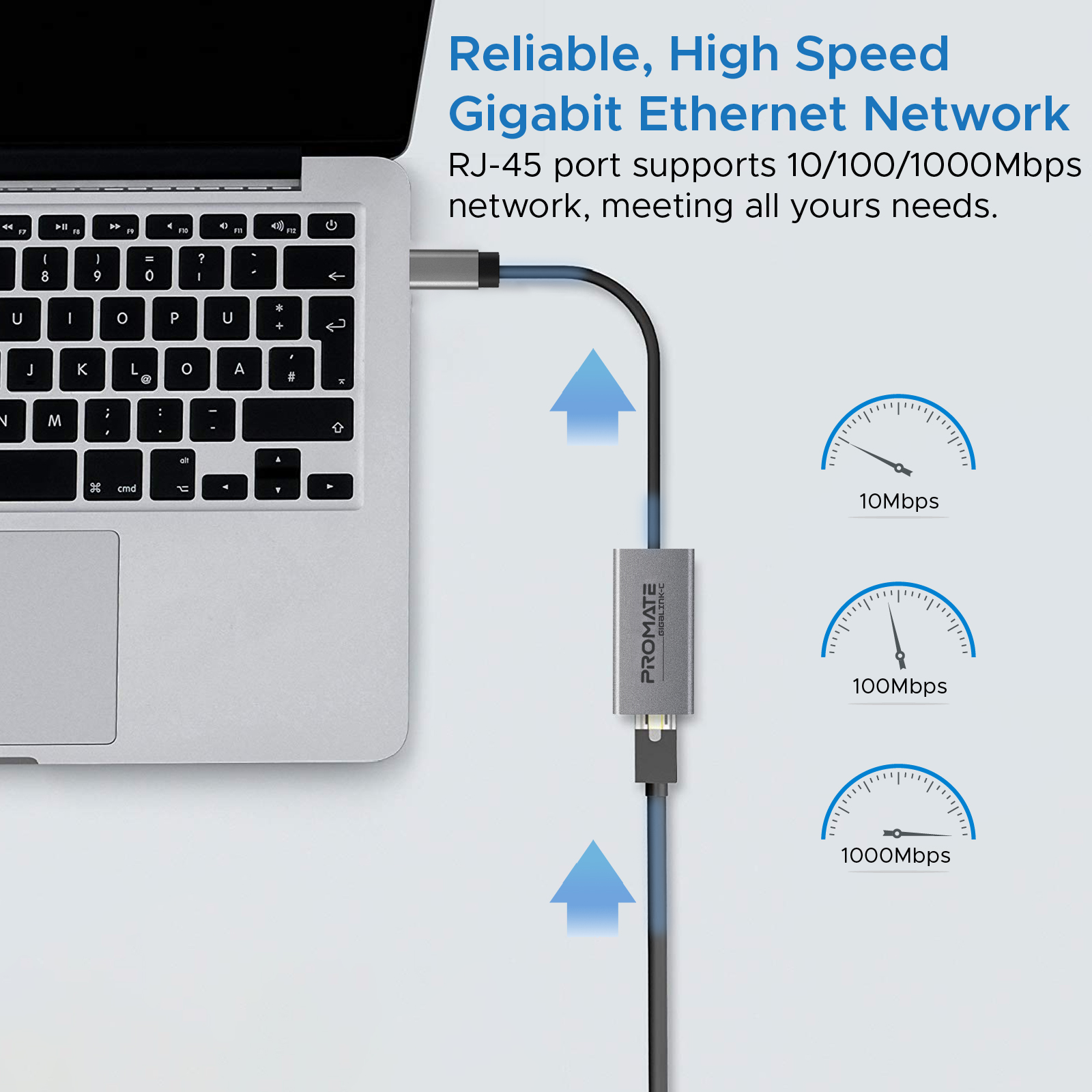 Un portátil conectado a un adaptador Ethernet gris con flechas azules, indicadores de velocidad y texto sobre fondo azul.