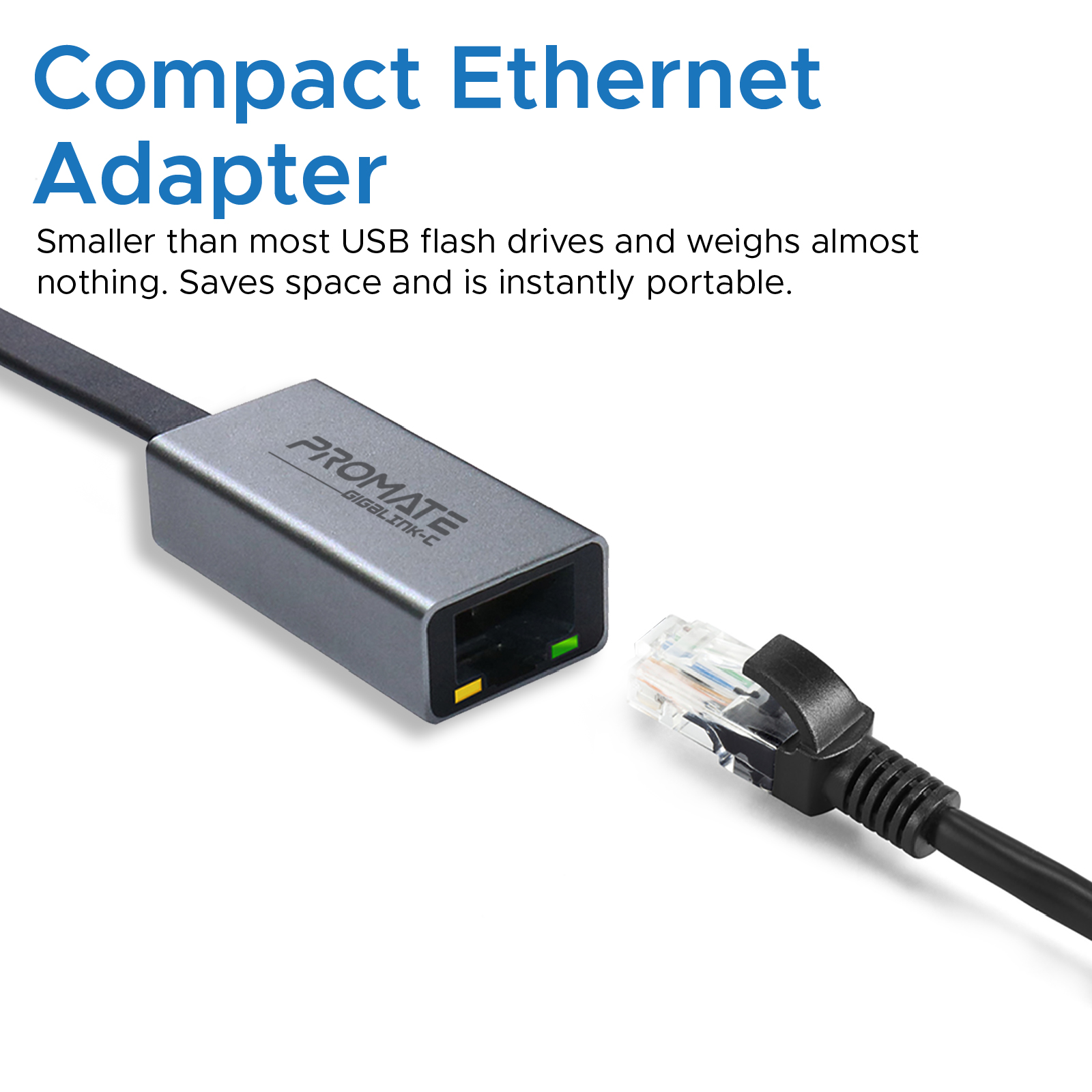 Un adaptador Ethernet gris con un cable negro conectado a un conector RJ45 transparente.