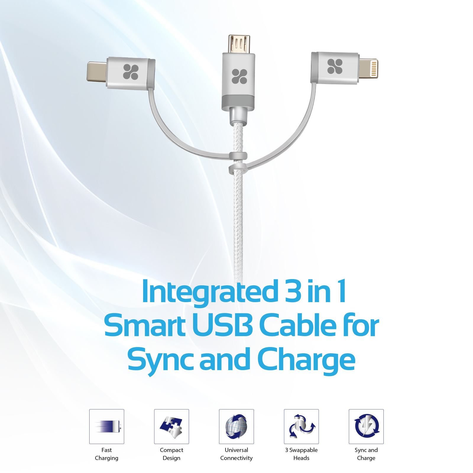 Un cable blanco con tres conectores: USB-C, Micro-USB y Lightning, sobre un fondo azul.