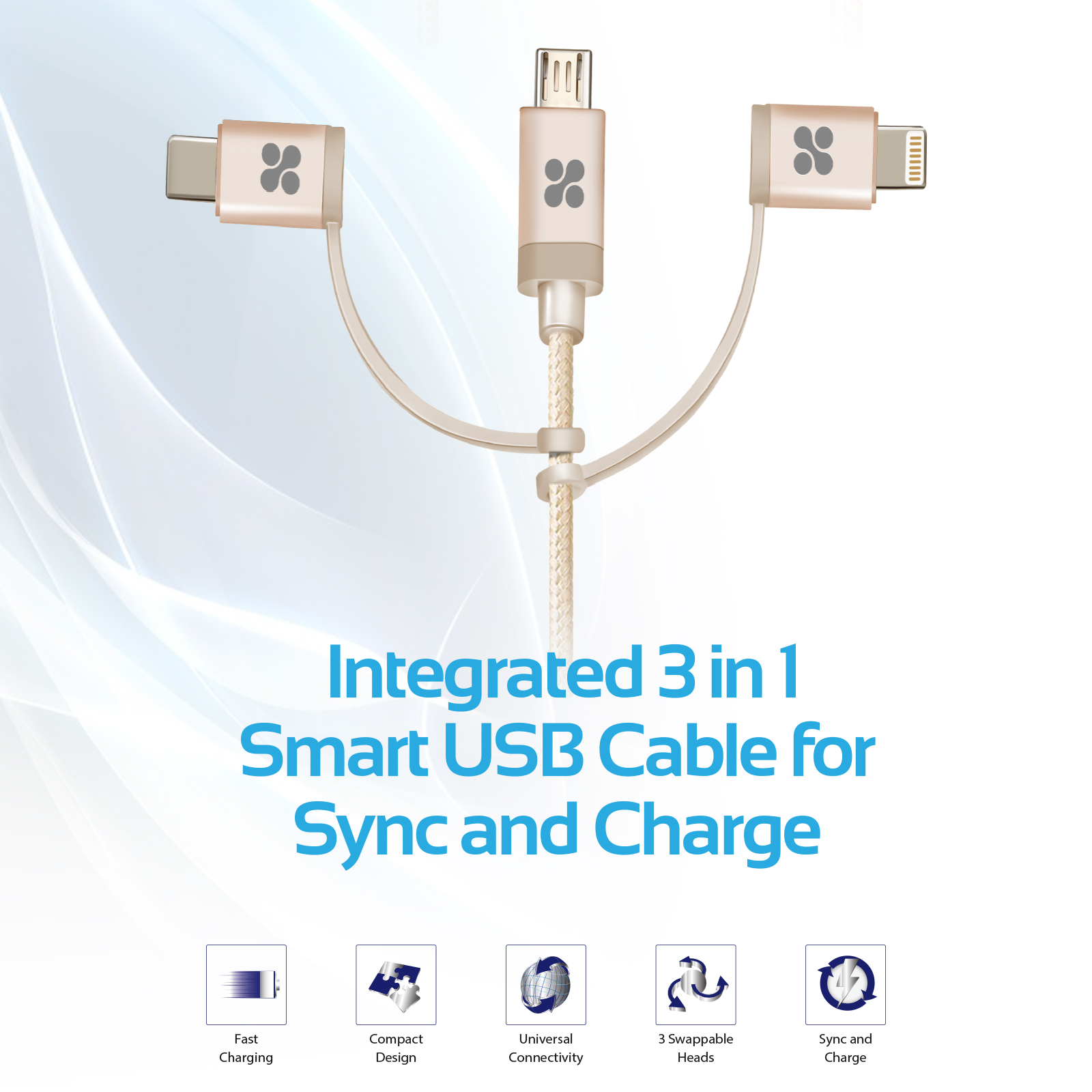 Cable USB 3 en 1 dorado y blanco. Tres conectores diferentes, con cable trenzado blanco. Fondo azul.
