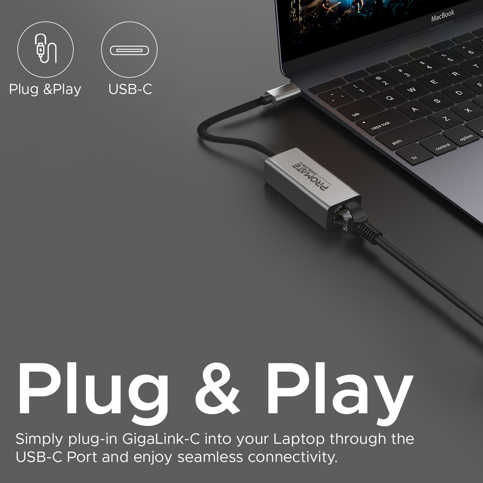 Laptop conectado a un adaptador plateado por USB-C. Cable negro, texto blanco sobre fondo gris.