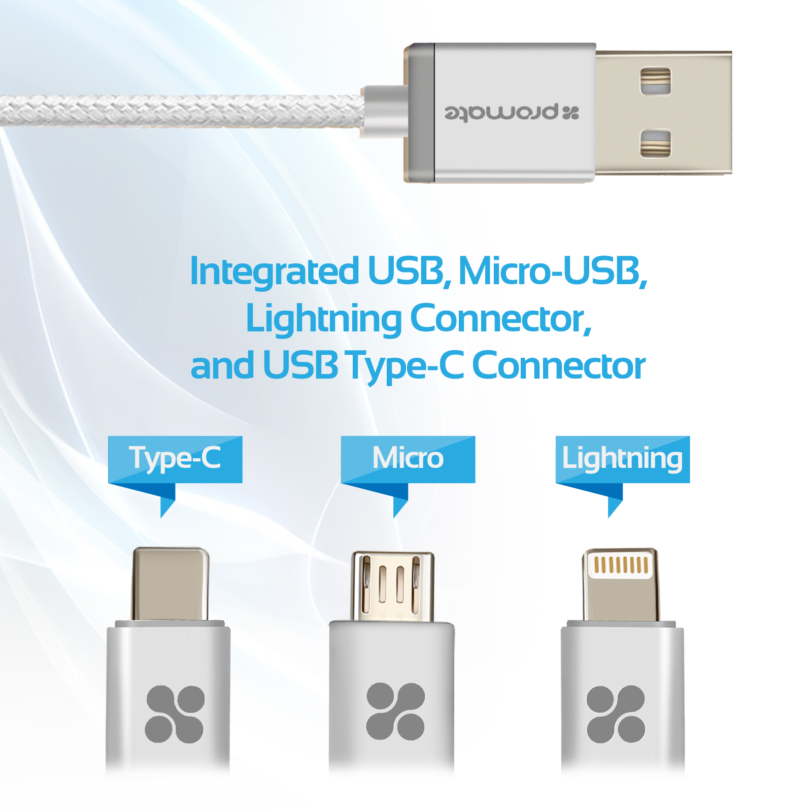 Varios conectores USB. Texto: USB integrado, Micro-USB, conector Lightning y conector USB Tipo C.