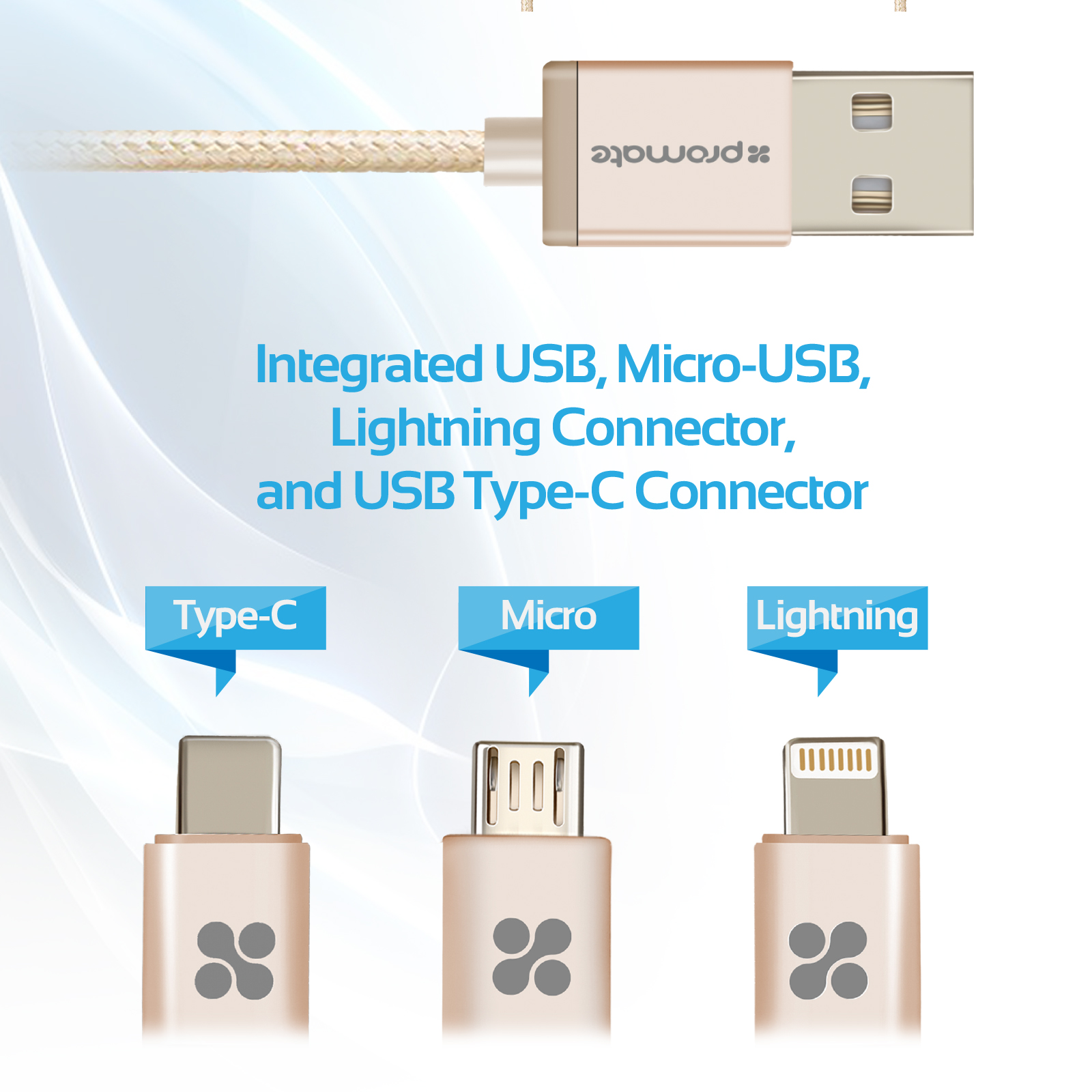 Cables USB con conectores Tipo-C, Micro-USB y Lightning, con texto.