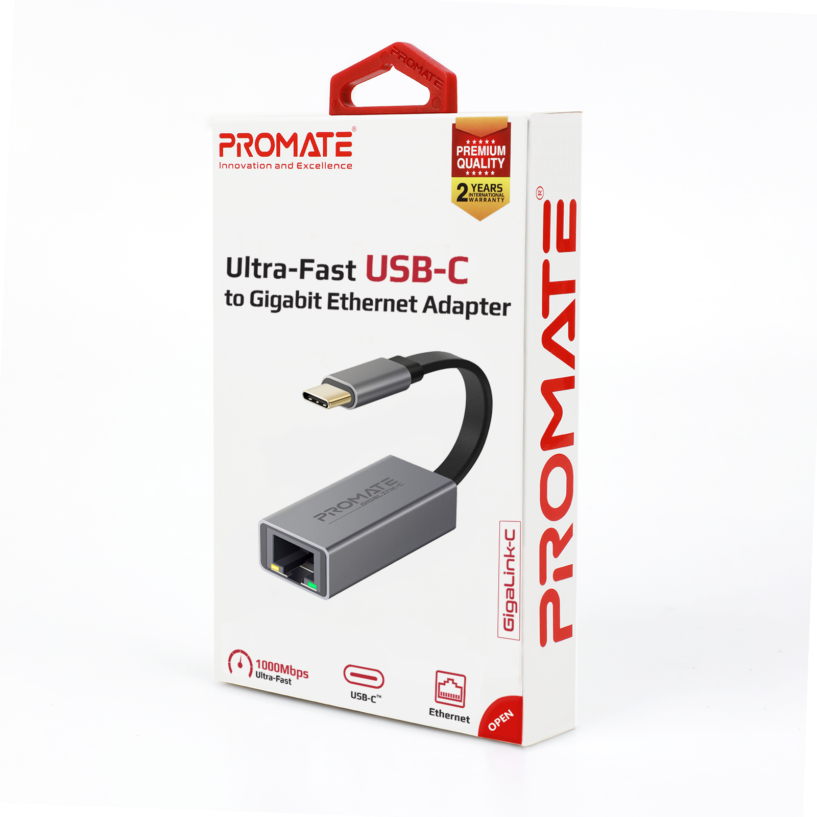 Una caja de adaptador PROMATE Ultra-Fast USB-C a Gigabit Ethernet. El adaptador y la caja enfocados.