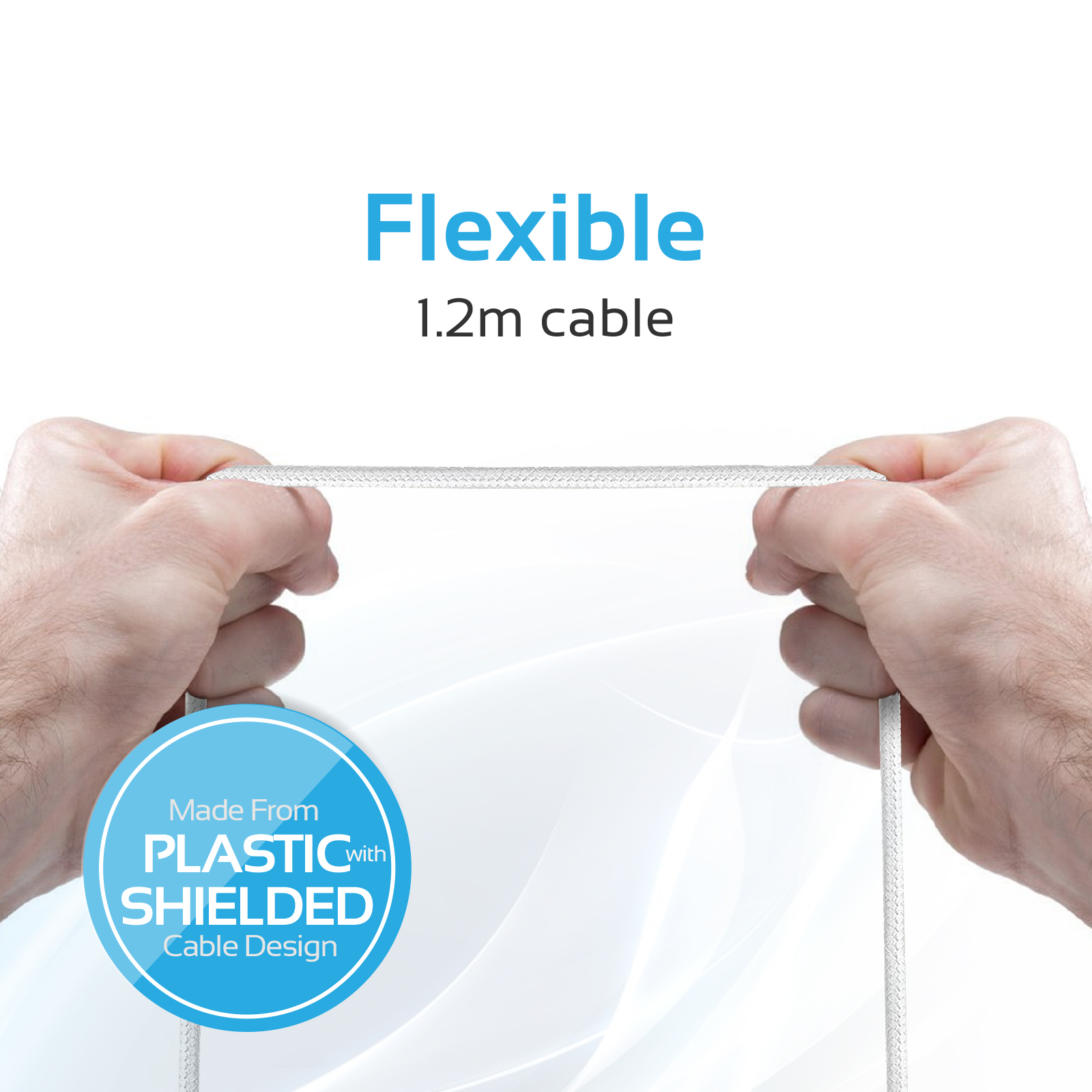Manos sosteniendo un cable blanco y flexible de 1,2 m. Un círculo azul muestra diseño de cable de plástico y blindado.