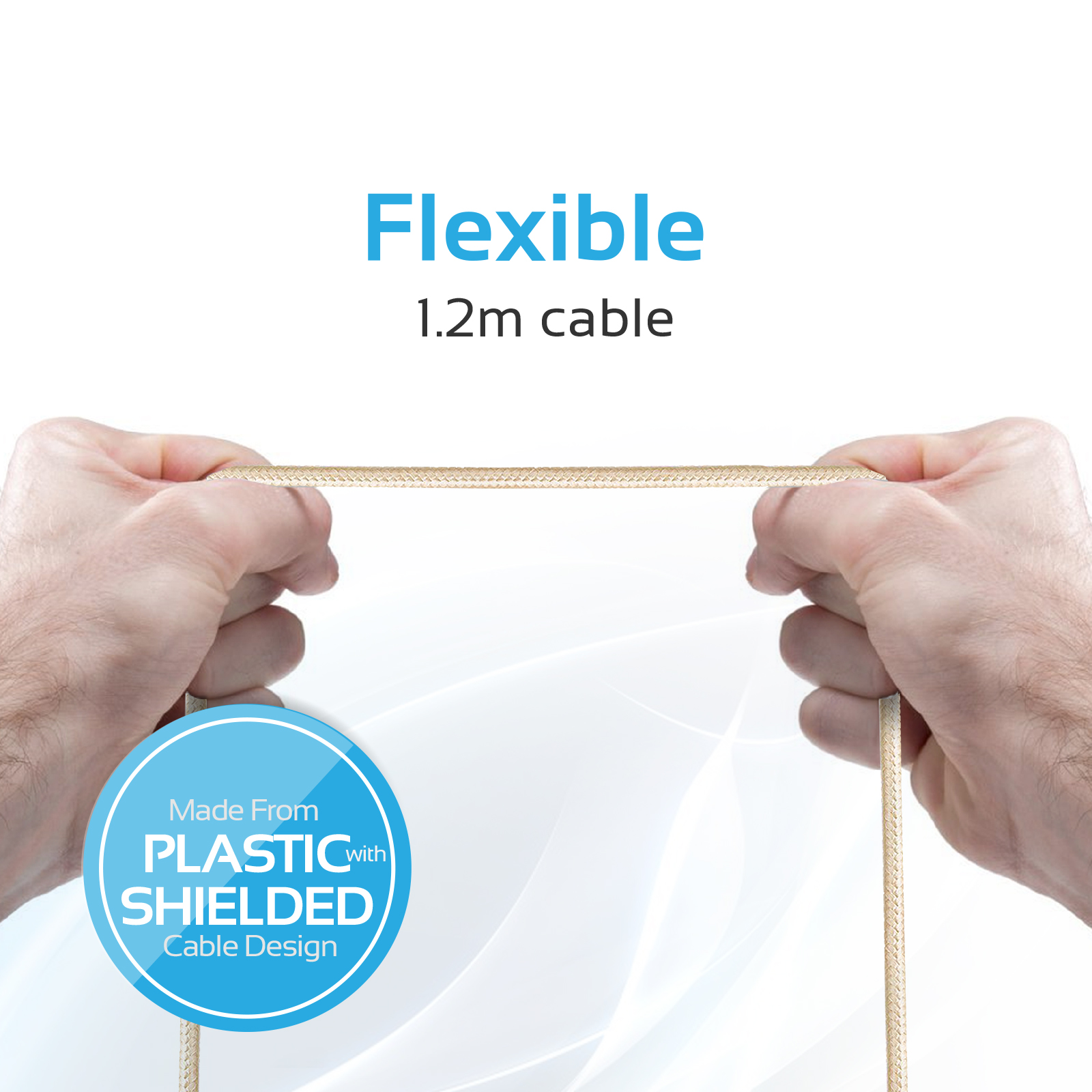 Manos sosteniendo un cable beige, con texto sobre la flexibilidad del cable y su longitud de 1,2 m.