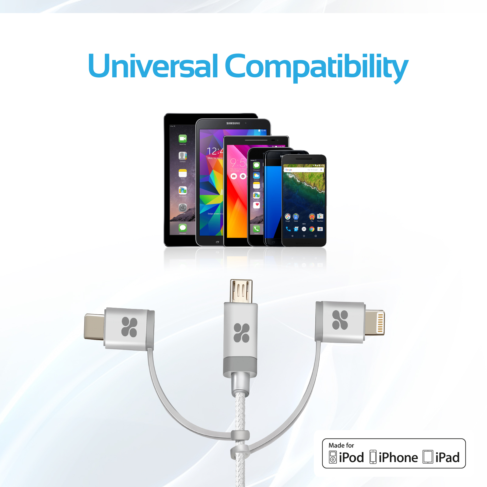 Cables con conectores USB-C, Micro-USB y Lightning, con múltiples dispositivos.