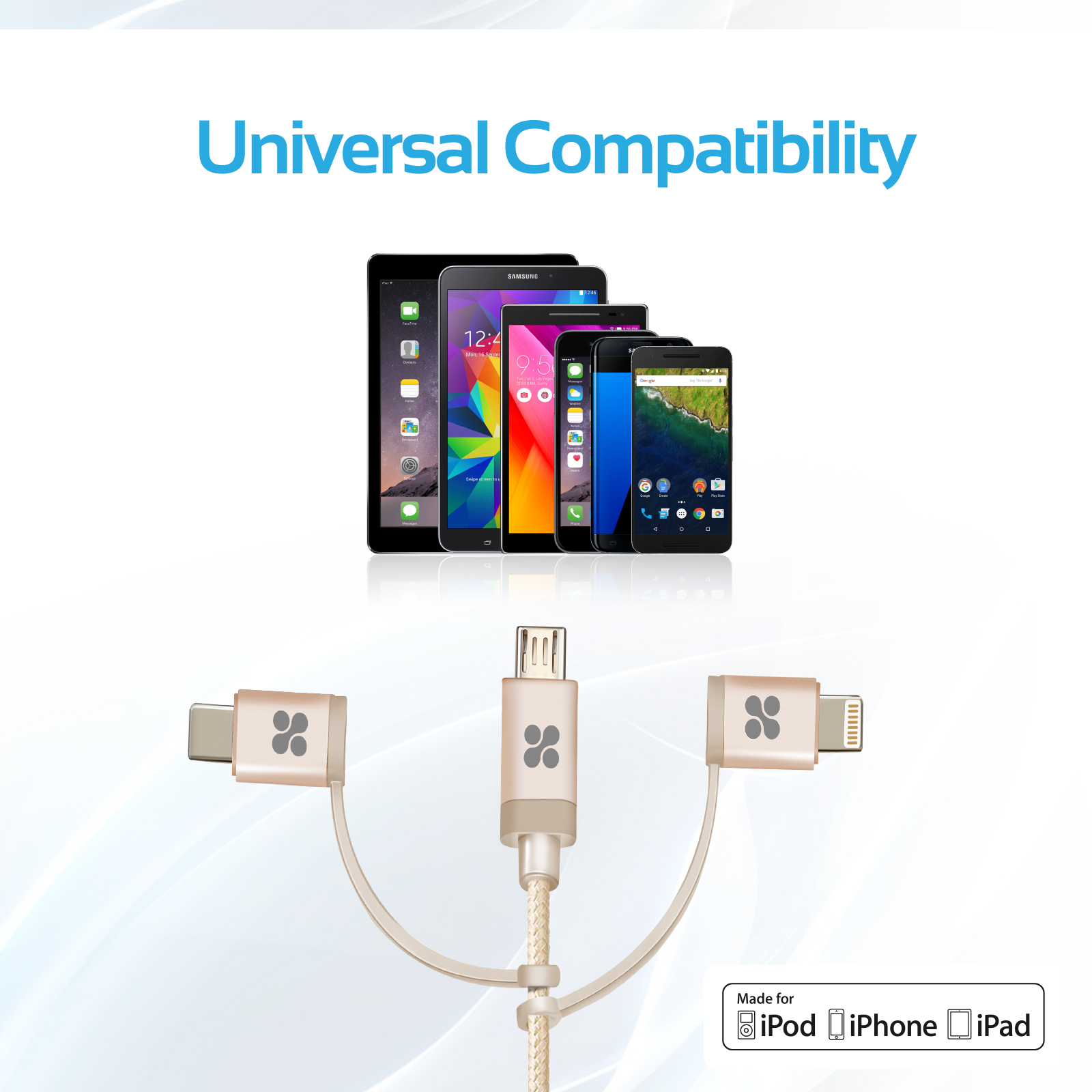 Cable de compatibilidad universal. Con conectores USB-C, USB y Lightning. Fondo blanco.