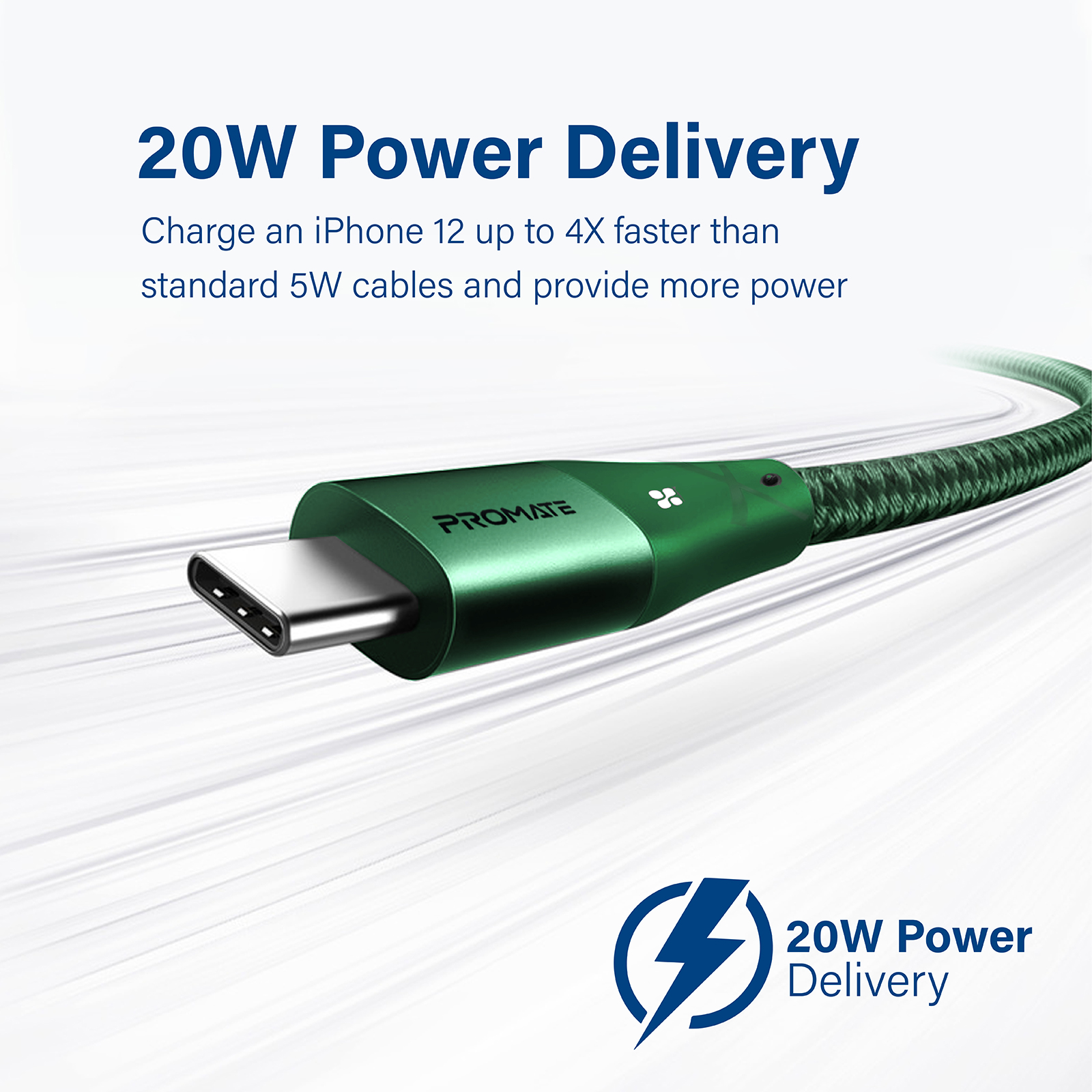 Un cable USB-C verde con texto que promociona la entrega de energía de 20W y carga rápida para un iPhone.