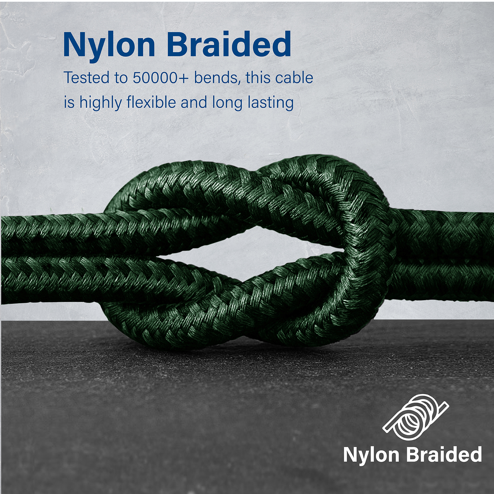 Cable trenzado verde oscuro anudado. Texto: 'Nylon Trenzado' y 'Probado a más de 50000 dobleces'.