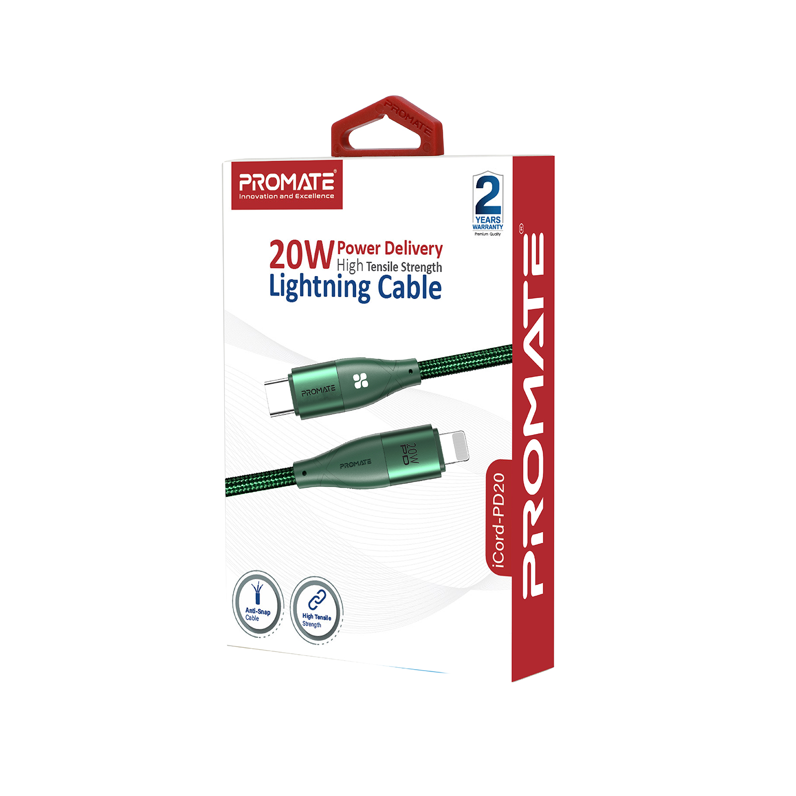 Caja de cable Lightning Promate. Blanca con franja roja y cable verde.
