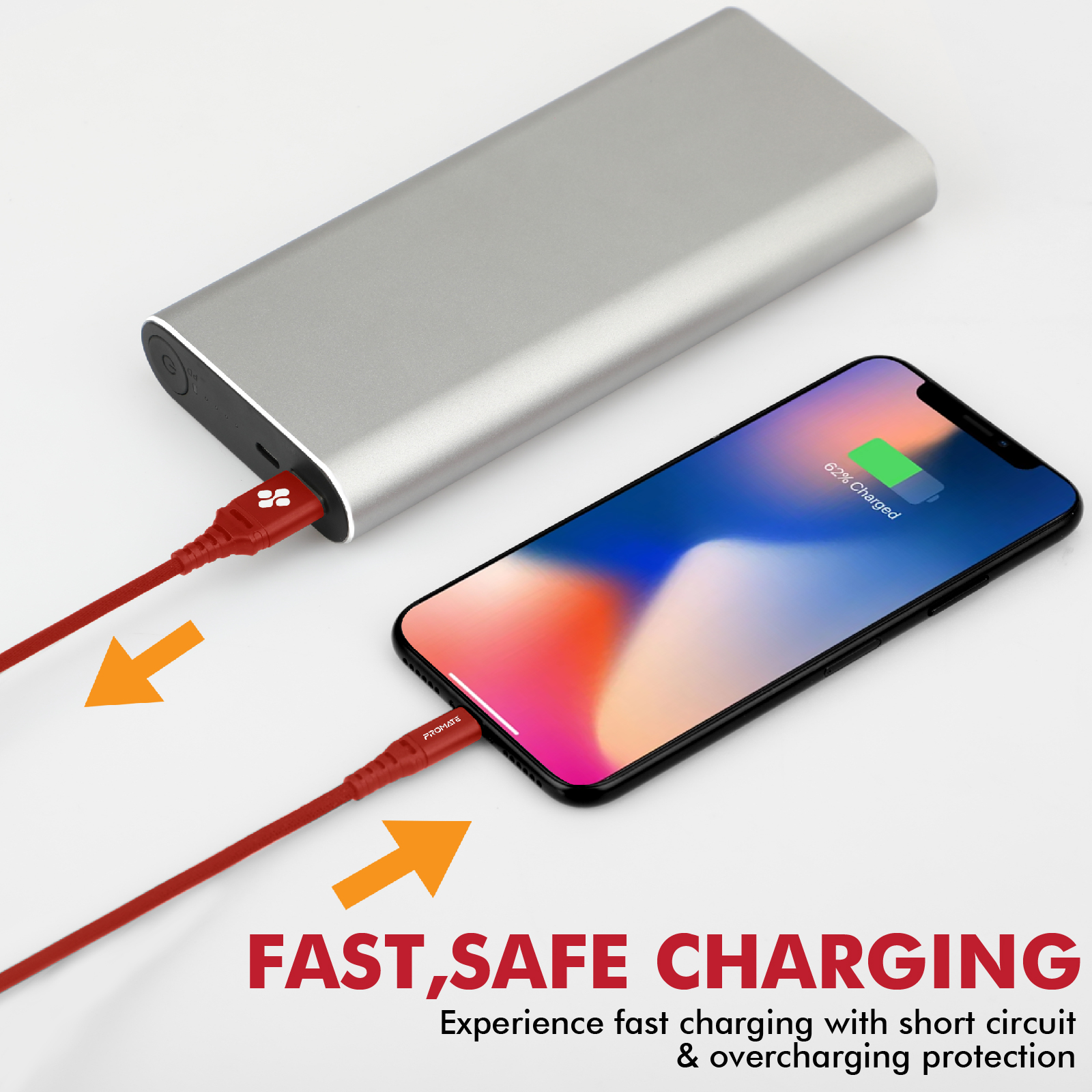 Teléfono cargando con cable rojo de un banco de energía plateado. El teléfono se está cargando con 62% batería.