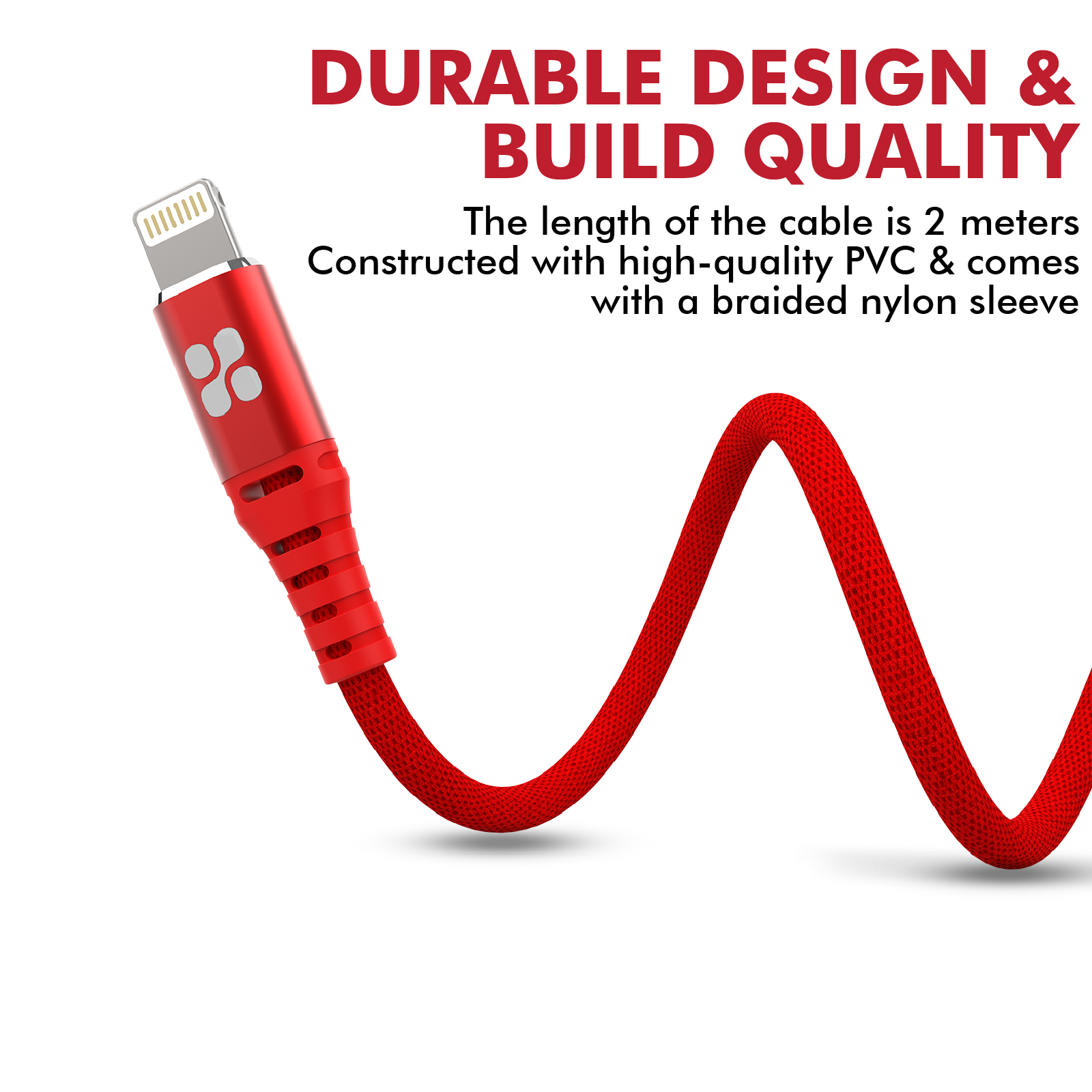 Un cable de carga rojo con una funda de nailon trenzado, mostrando su longitud y un conector Lightning.