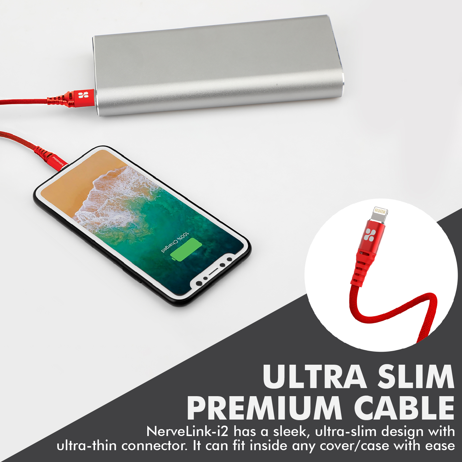 Teléfono cargando con cable rojo. Un power bank plateado en el fondo.