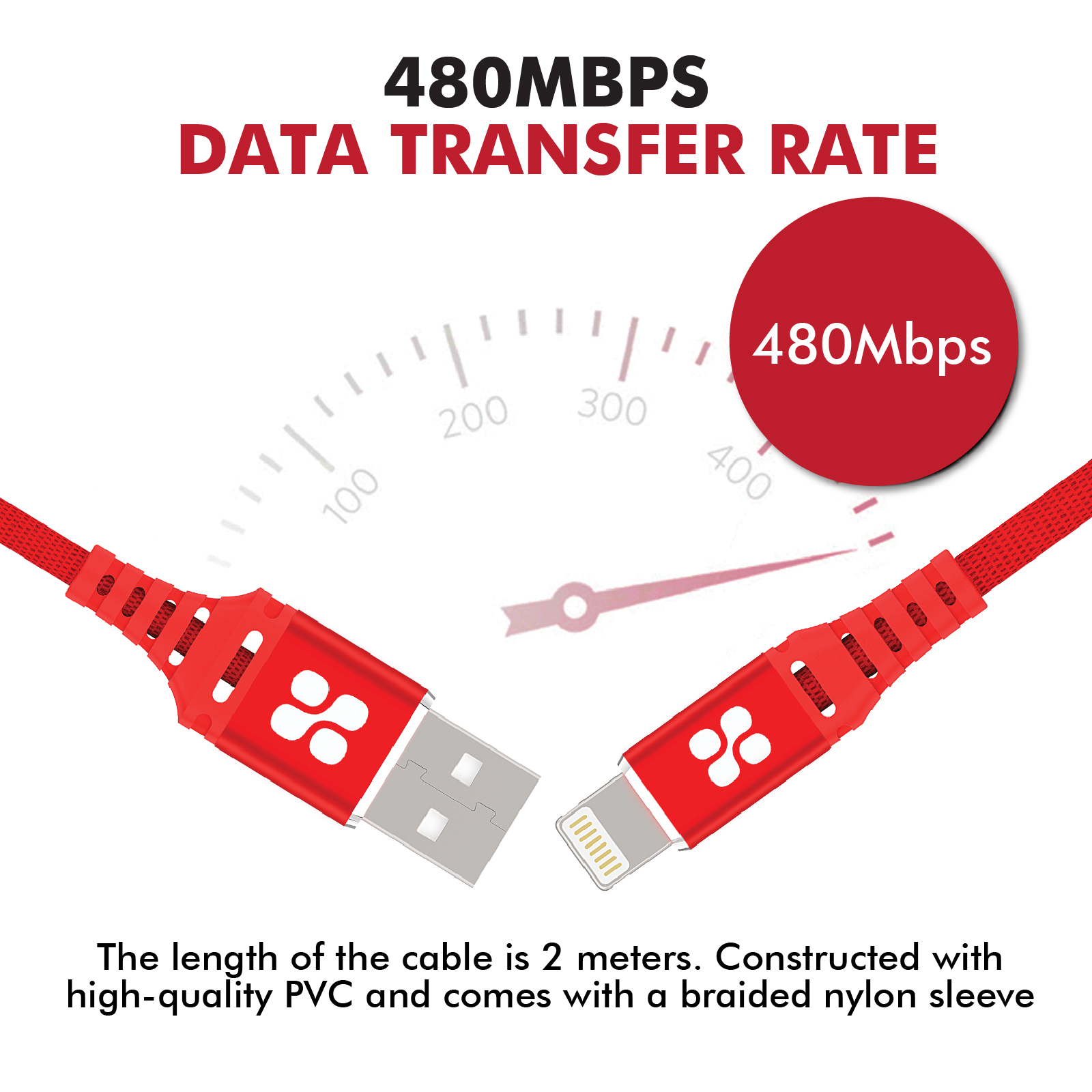 Cable rojo USB a Lightning. El cable mide 2 metros con funda de nailon trenzado. Velocidad de transferencia 480 Mbps.