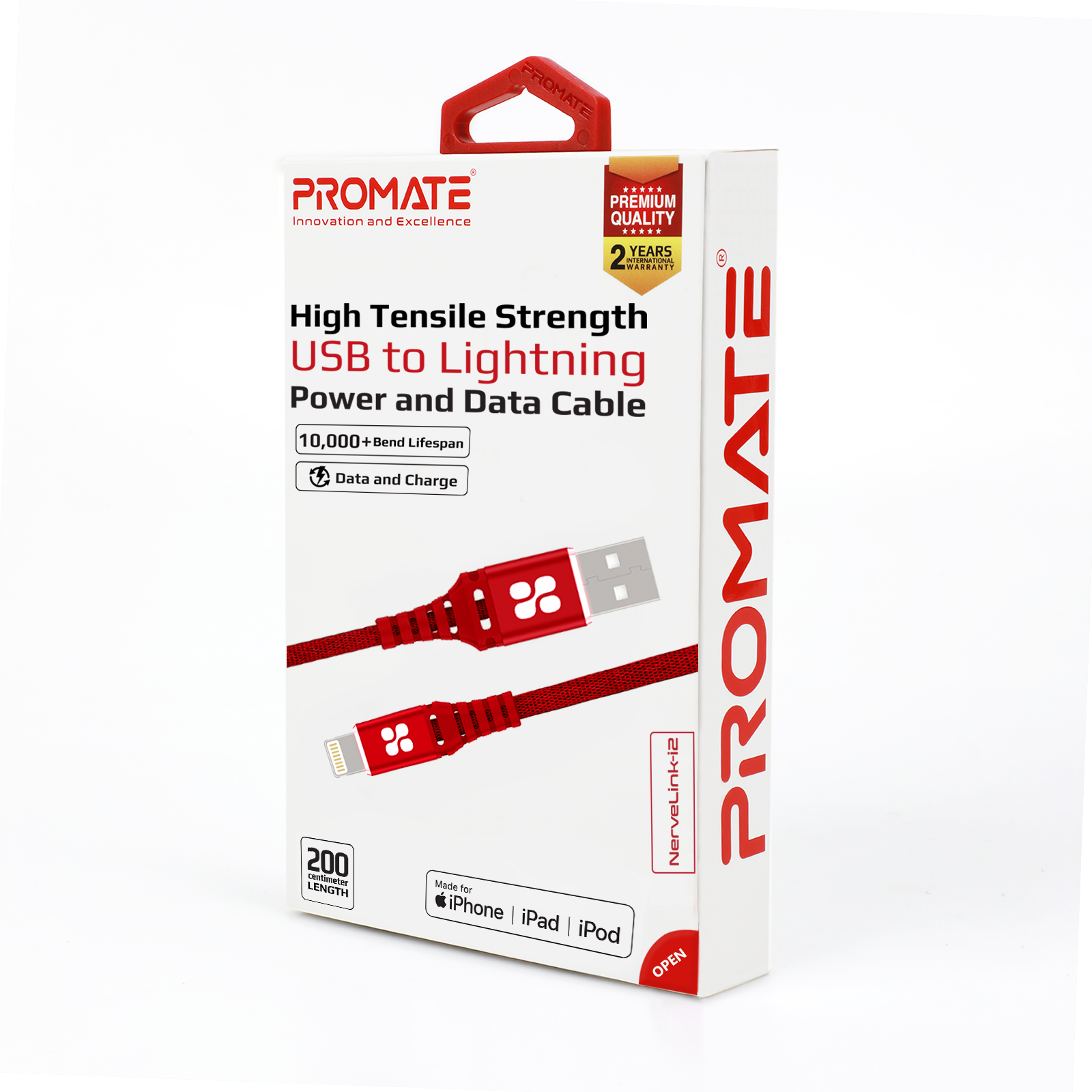 Una caja roja y blanca con un cable USB a Lightning, etiquetada como 'PROMATE'.