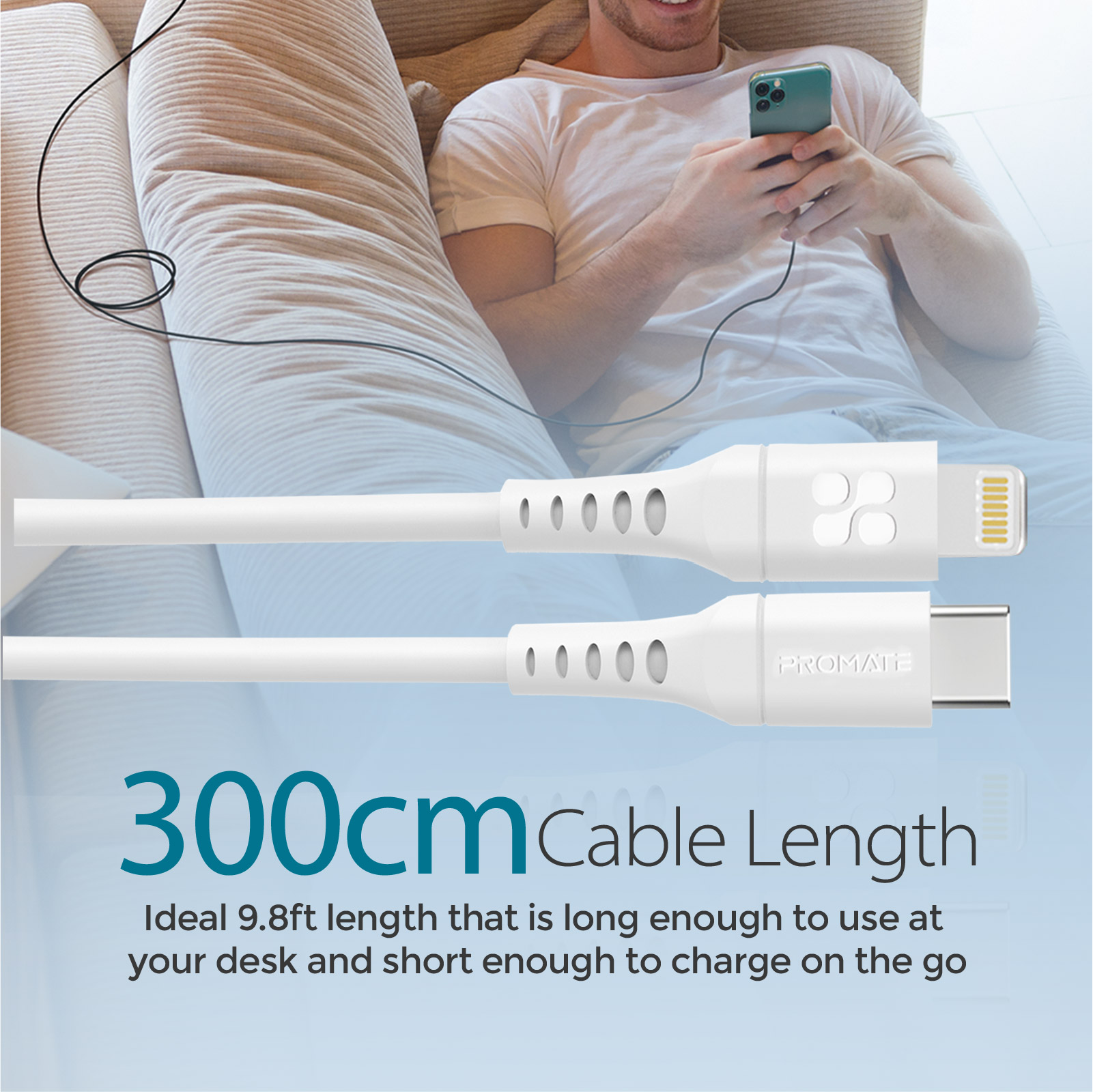Un cable blanco de Lightning a USB-C con un usuario de teléfono en el fondo.