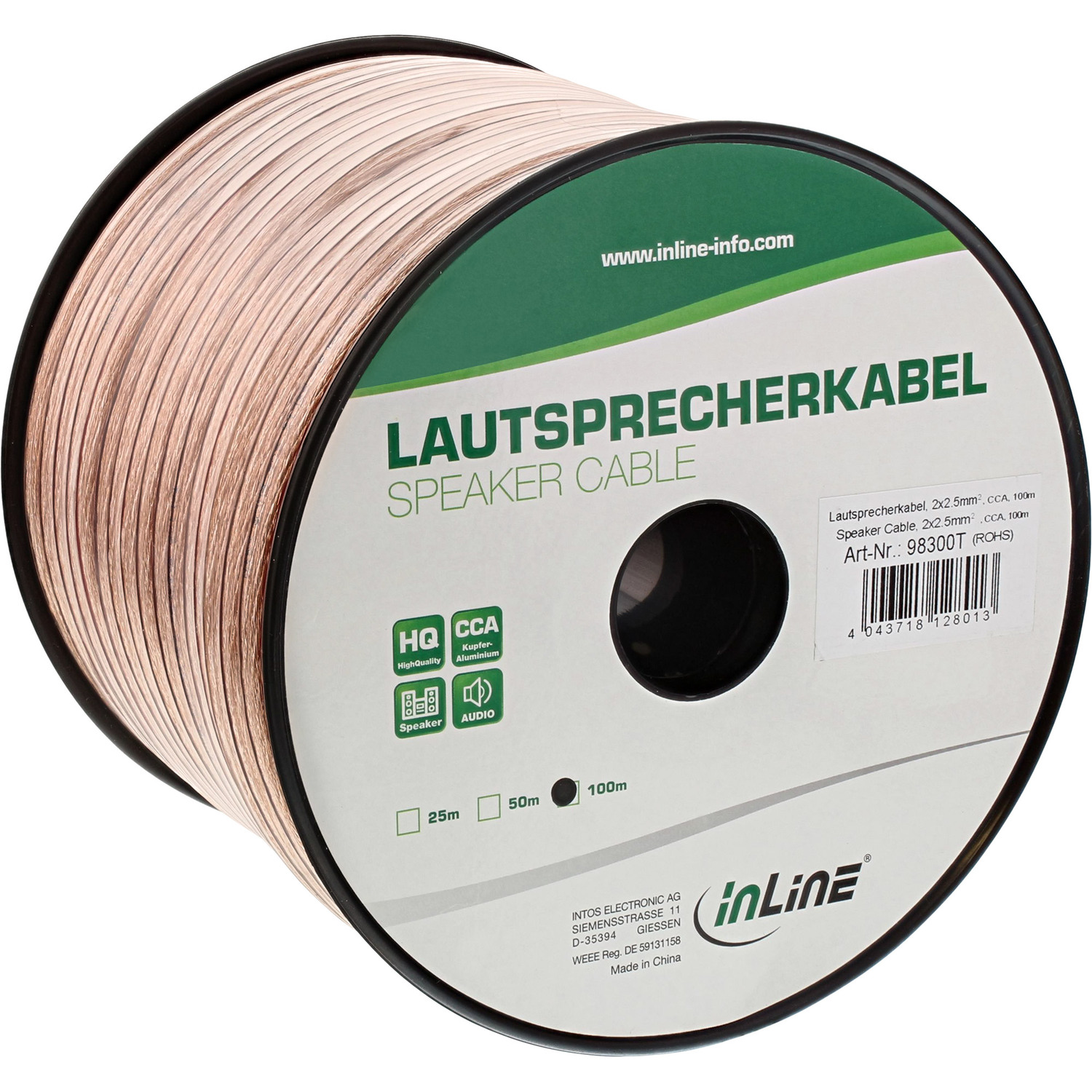 Kabel, transparent, InLine® INLINE 2,5mm², Lautsprecherkabel, Lautsprecherkabel, 2x m CCA, 100 100m