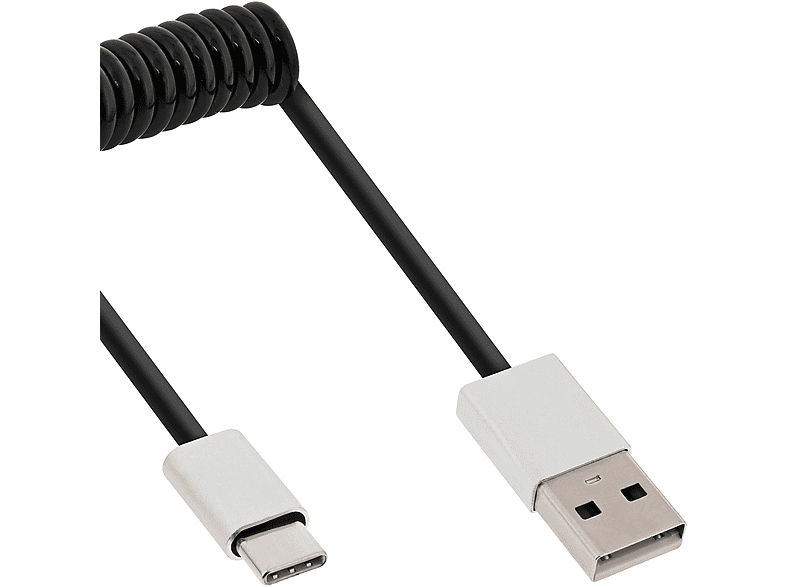INLINE Stecker, InLine® 2.0 Spiralkabel, A Stecker schwarz/Alu, USB-C an USB USB