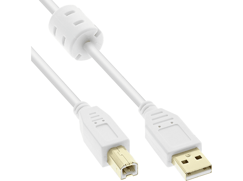 INLINE InLine® USB 2.0 Kabel, A an B, weiß / gold, mit Ferritkern, 3m Kabel USB
