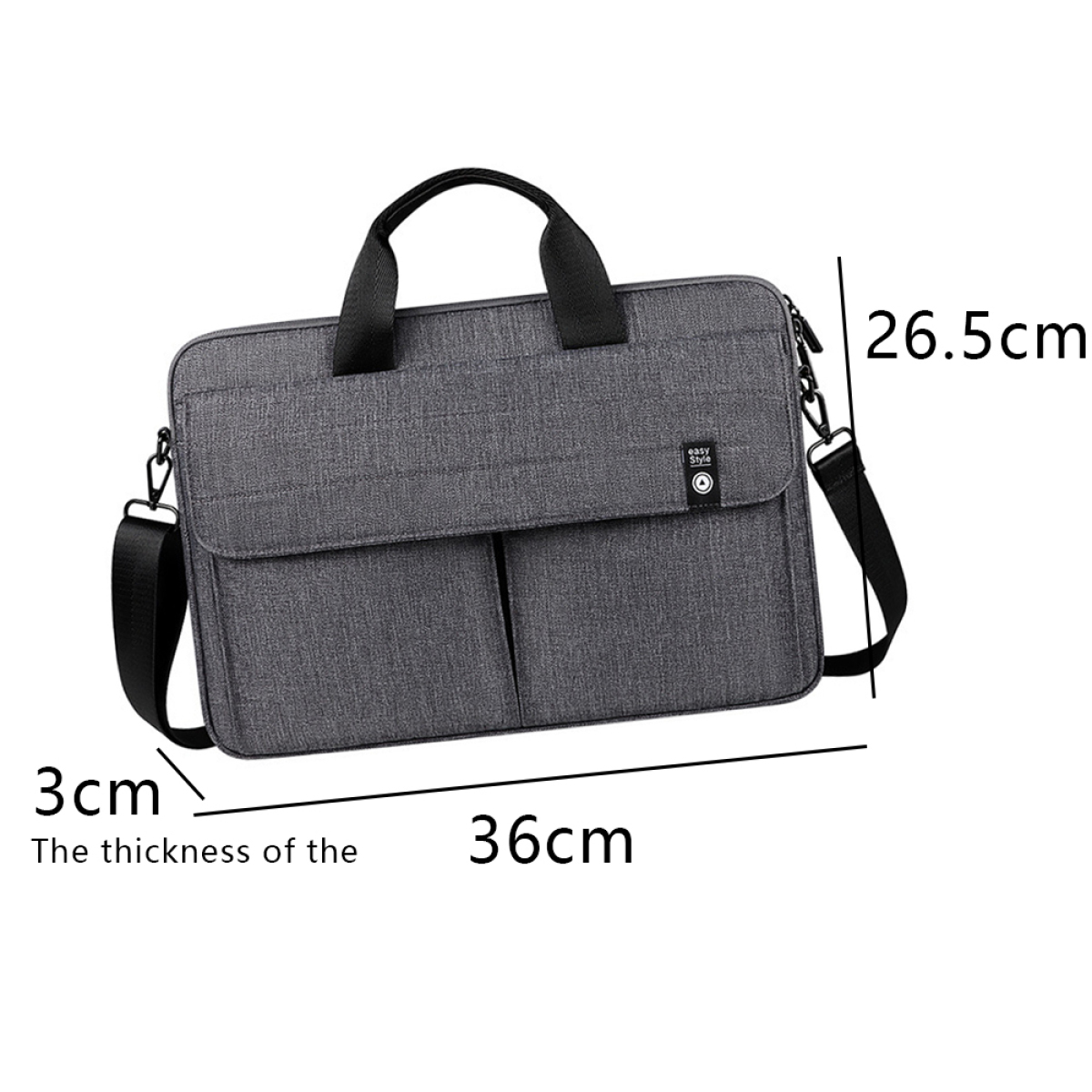 Graue Laptoptasche mit schwarzen Riemen und den Maßen 36 cm x 26,5 cm x 3 cm.