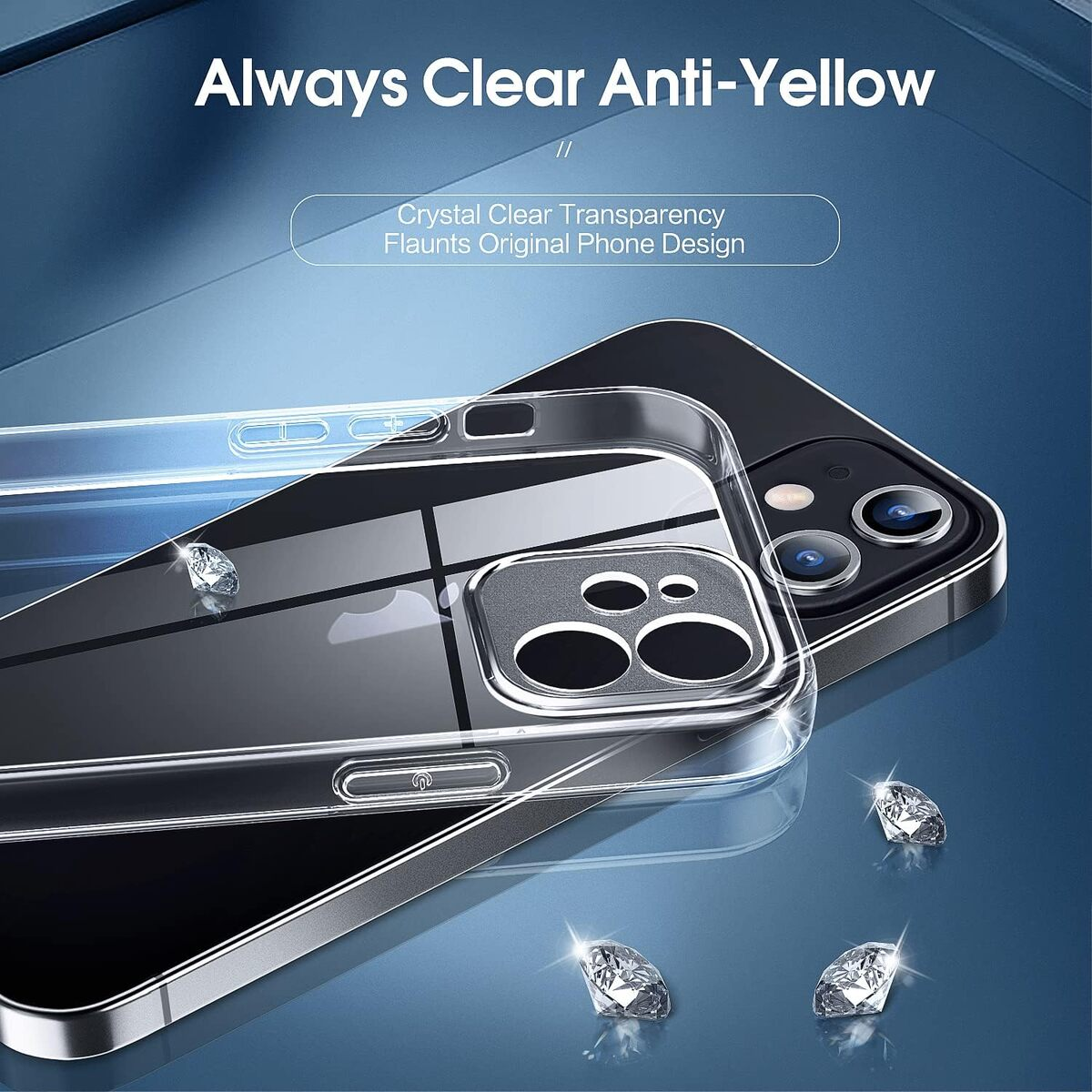 Transparente Handyhülle auf schwarzem Telefon. Diamanten in der Nähe des Telefons. Blauer Farbverlauf im Hintergrund. Text oben.