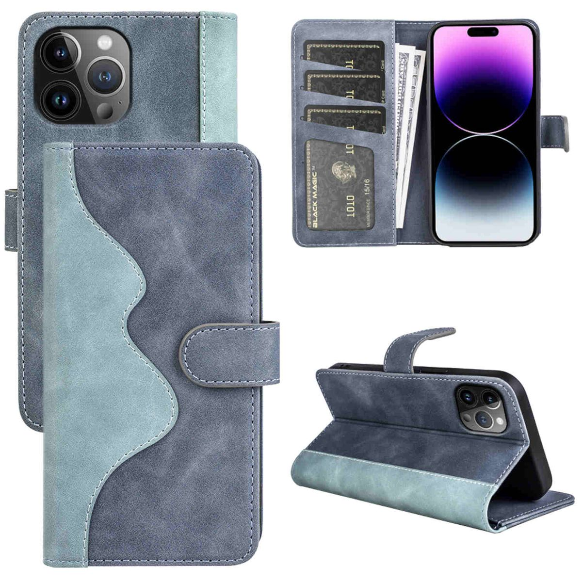 Tasche Wallet Book & Blau 15 WIGENTO mit Kreditkarten Apple, 2farbige iPhone Pro, Fach, Bookcover, Geld