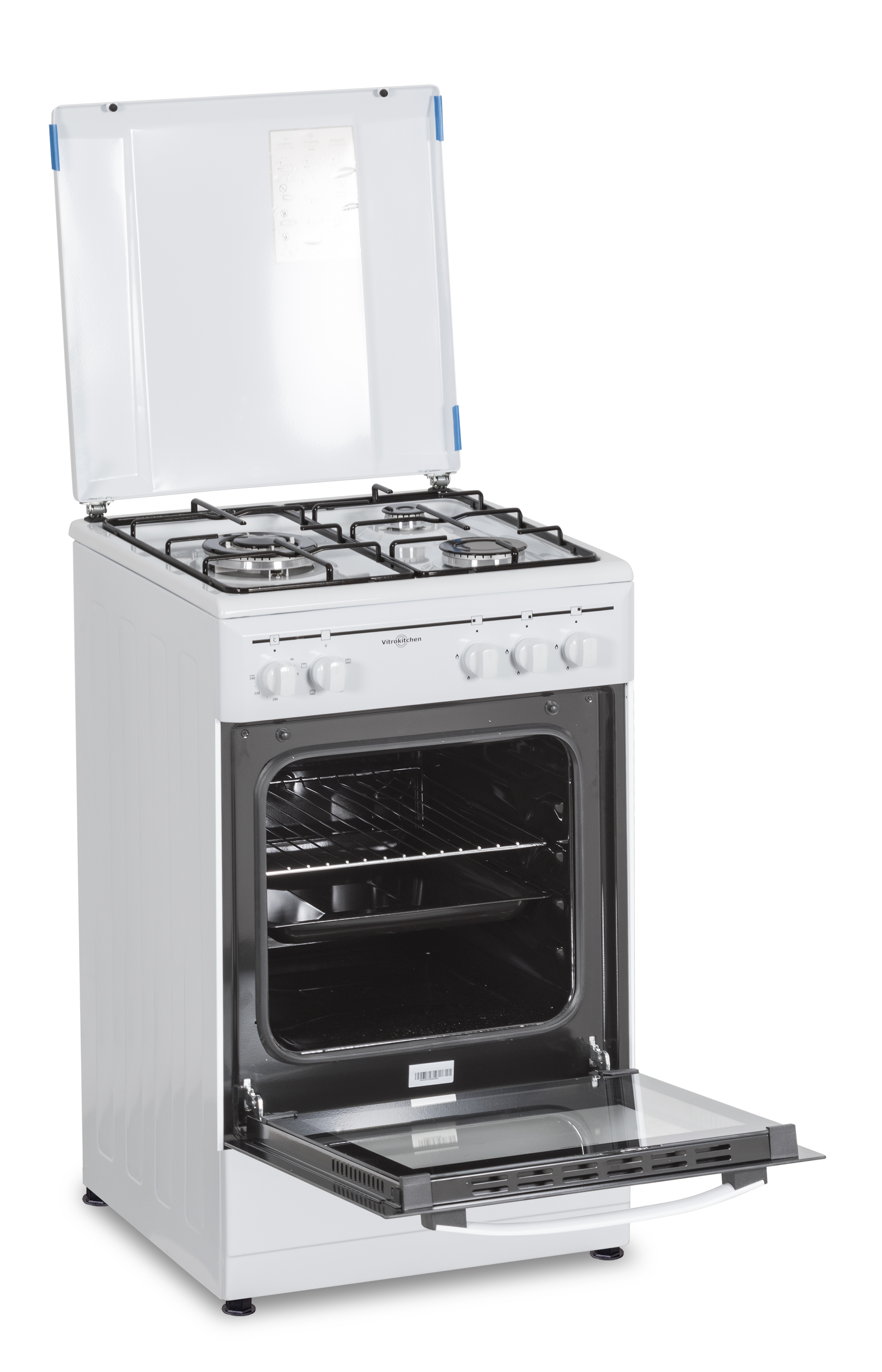 Cocina a gas blanca con cuatro quemadores y horno abierto. La puerta del horno está abierta.