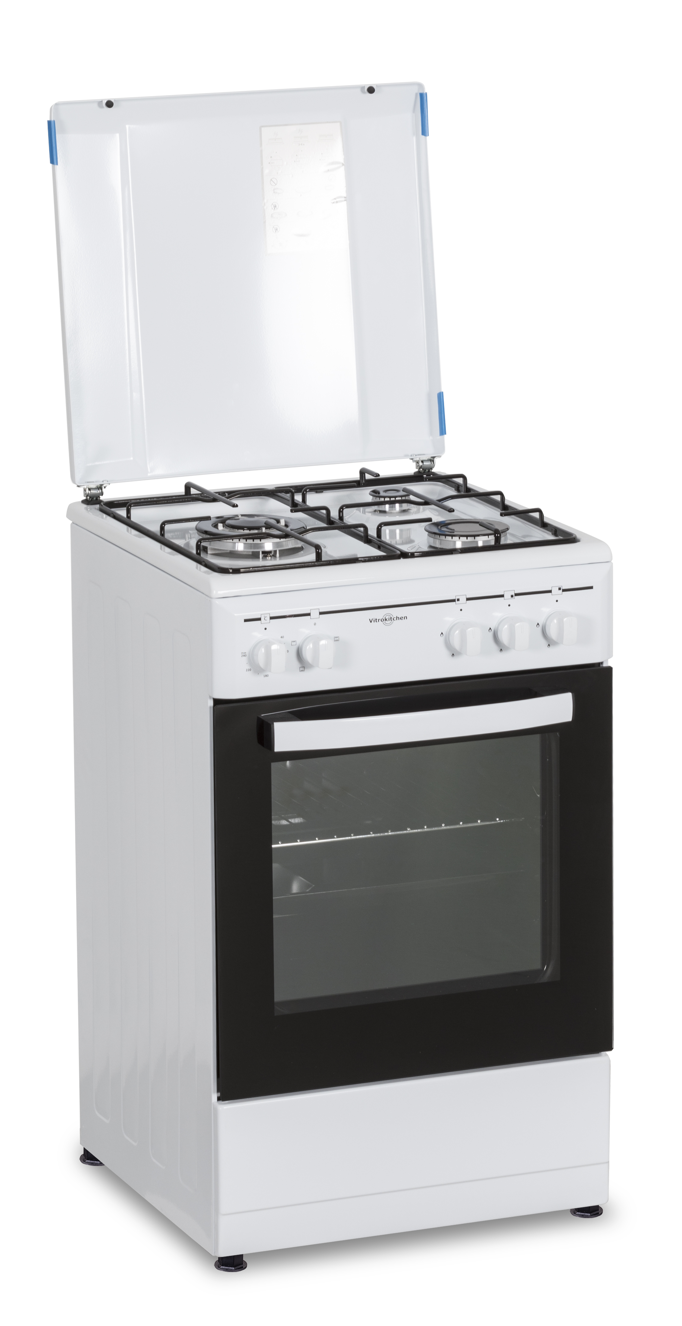 Una cocina a gas blanca con cuatro quemadores y una puerta de horno negra.