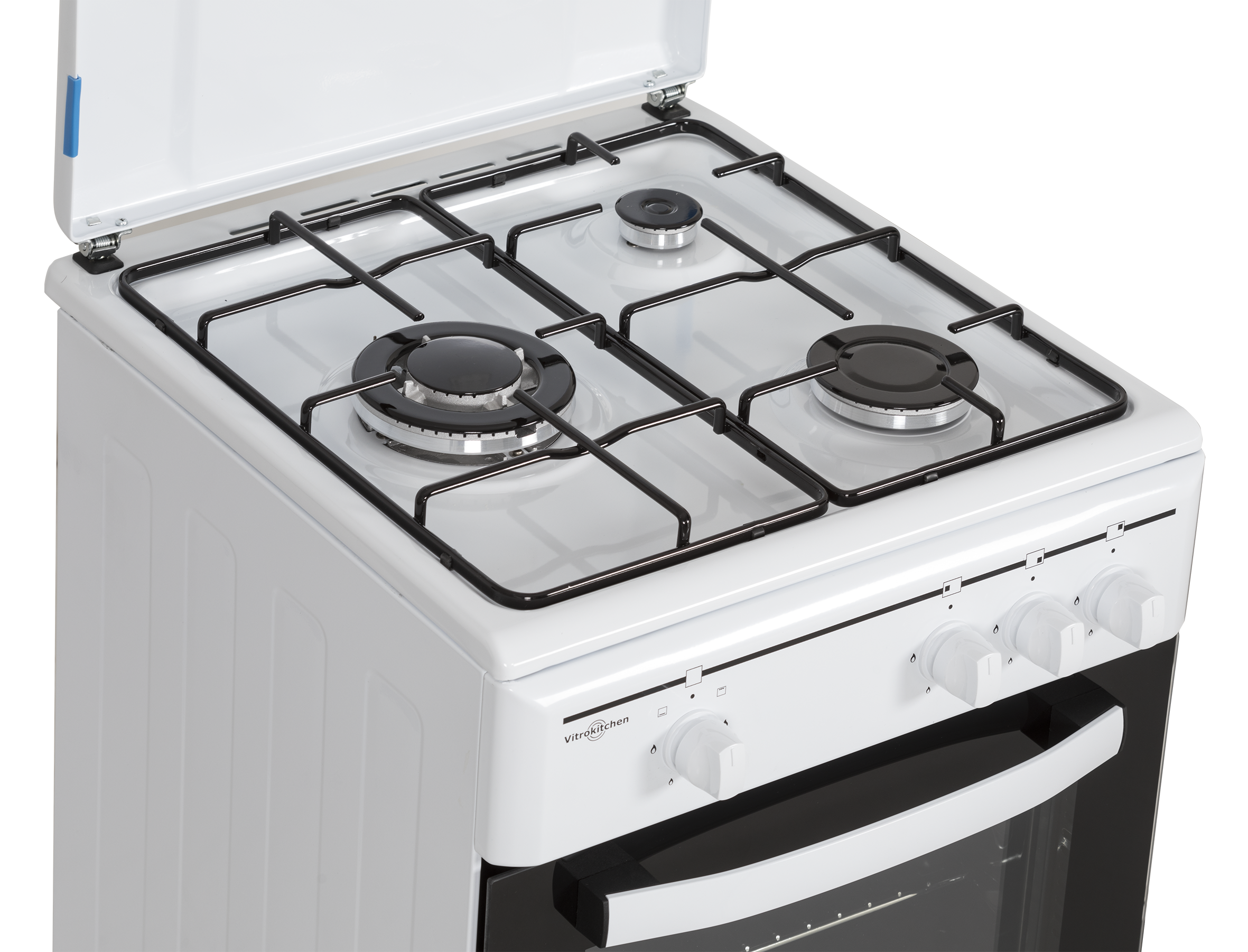 Cocina de gas blanca con cuatro quemadores, mandos y puerta del horno abierta.