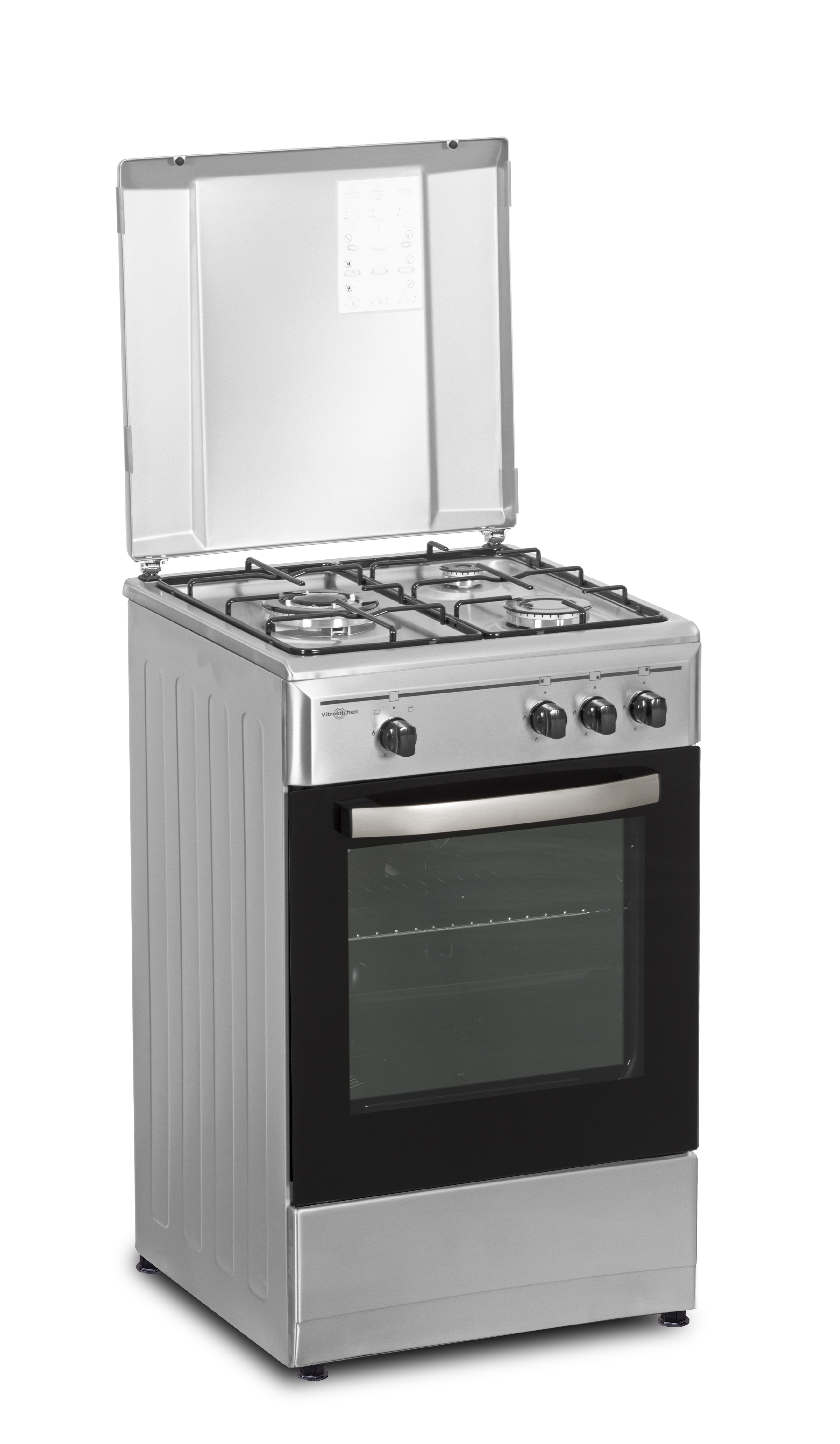 Cocina de gas de acero inoxidable con cuatro quemadores y puerta del horno abierta.