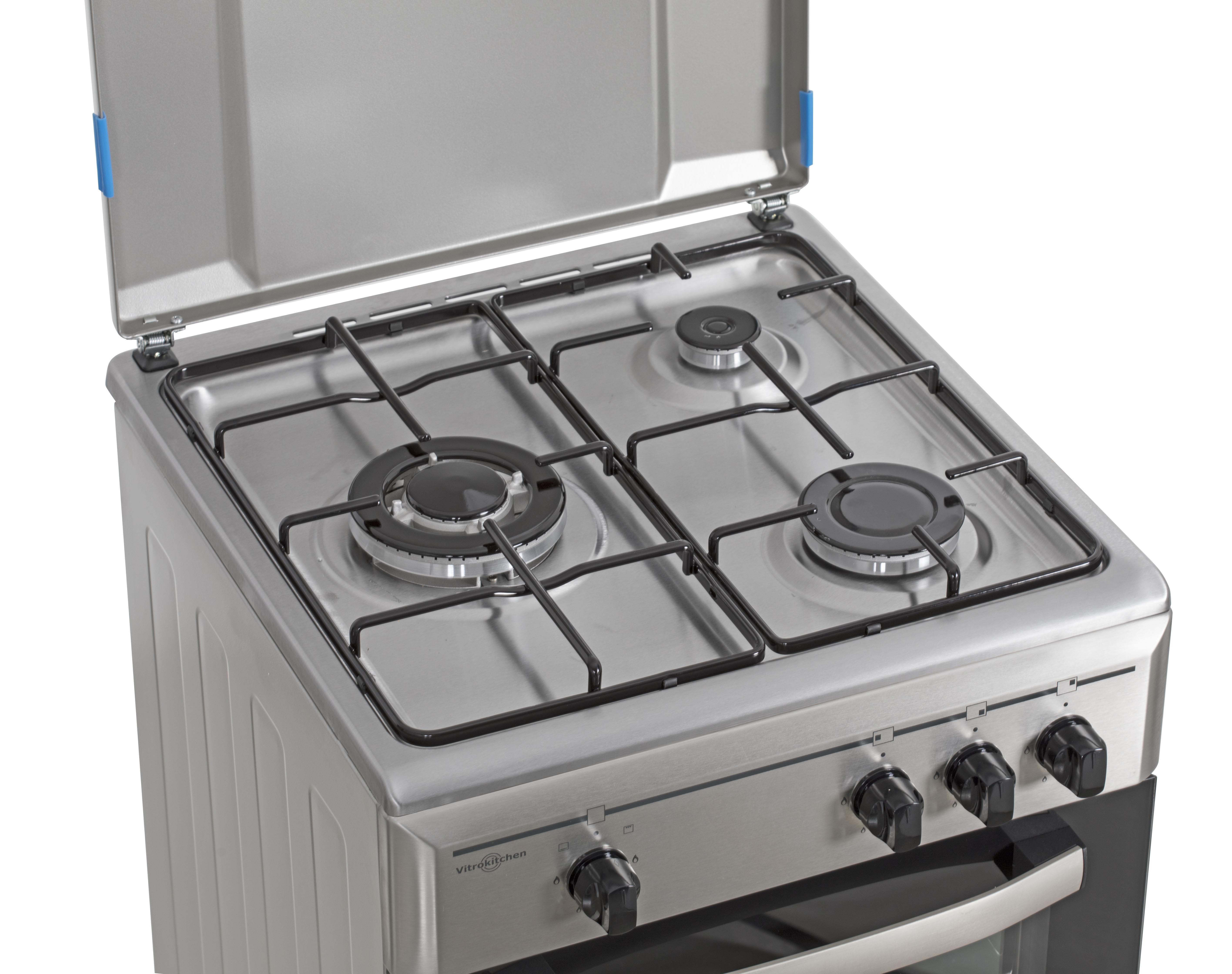 Estufa de gas de acero inoxidable con cuatro quemadores, tapa, perillas negras y parte superior plateada.