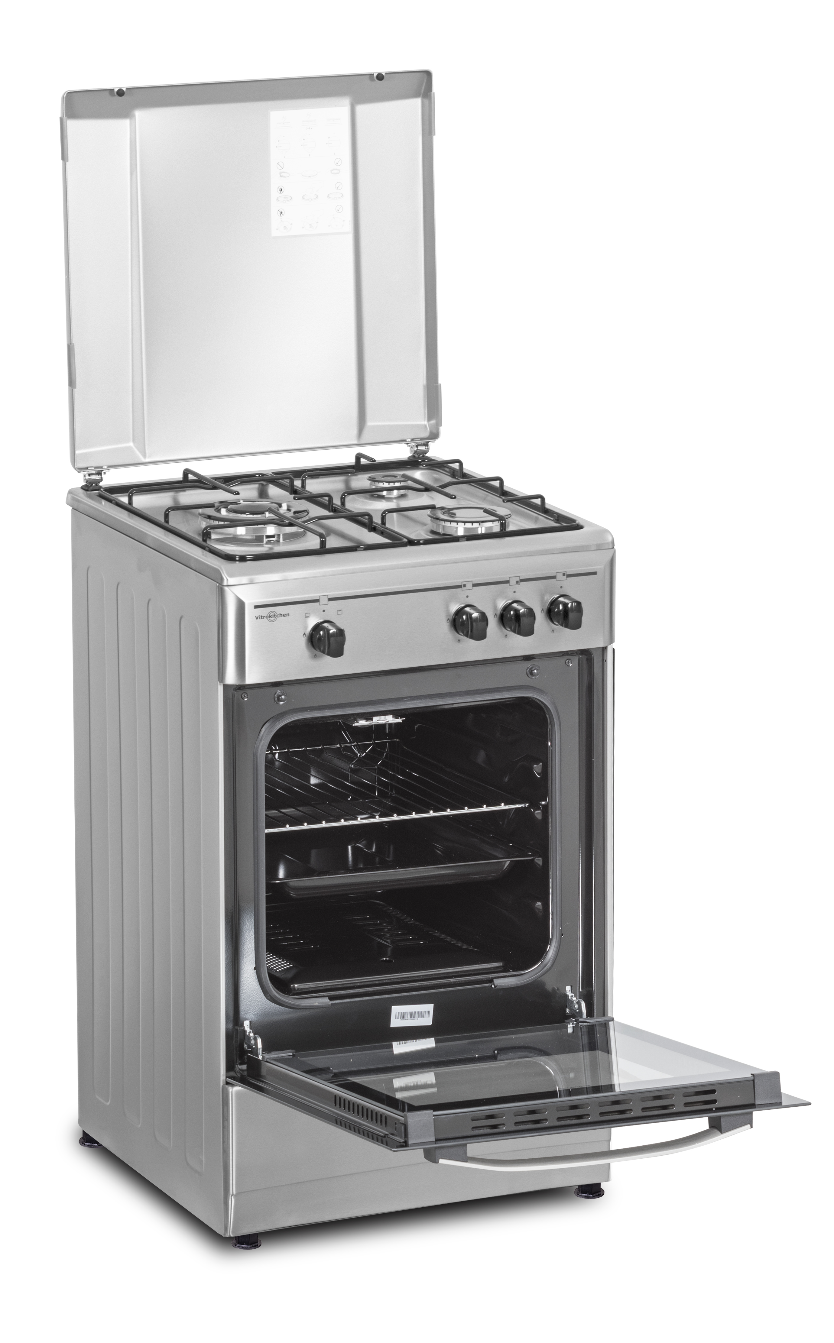Cocina de gas plateada con horno y puerta abiertos. Cuatro quemadores en la parte superior. Fondo blanco.