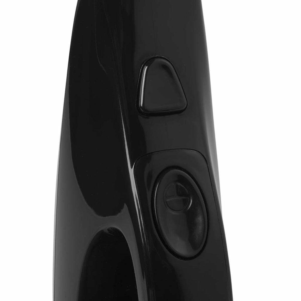 Schwarzer, glänzender Handmixer. Zwei Knöpfe sind sichtbar. Der Körper hat ein gebogenes Design.