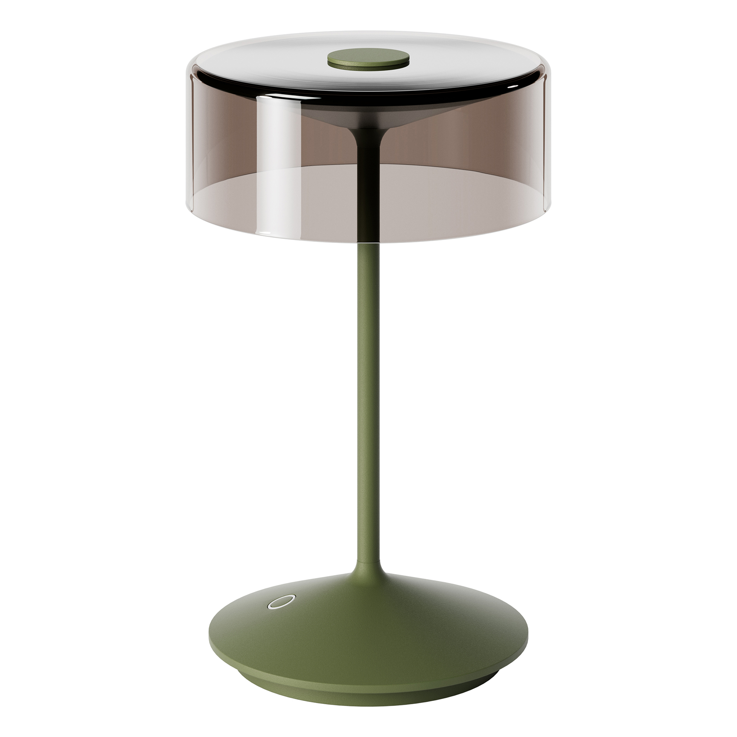 Eine grün-weiße Tischlampe mit transparentem Lampenschirm auf weißem Hintergrund.