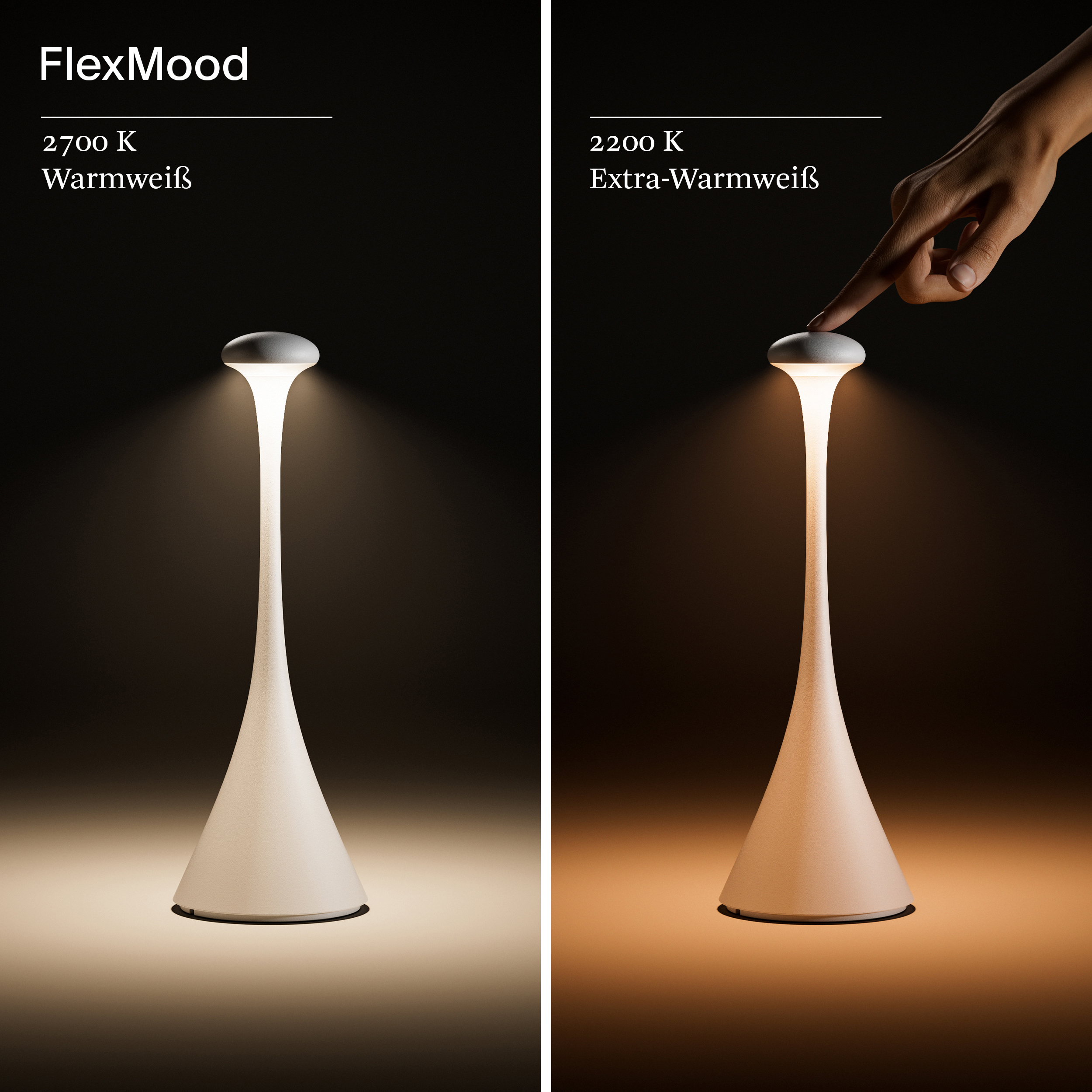 Zwei Lampen mit unterschiedlichen Warmlichteinstellungen, eine wird mit dem Finger berührt.