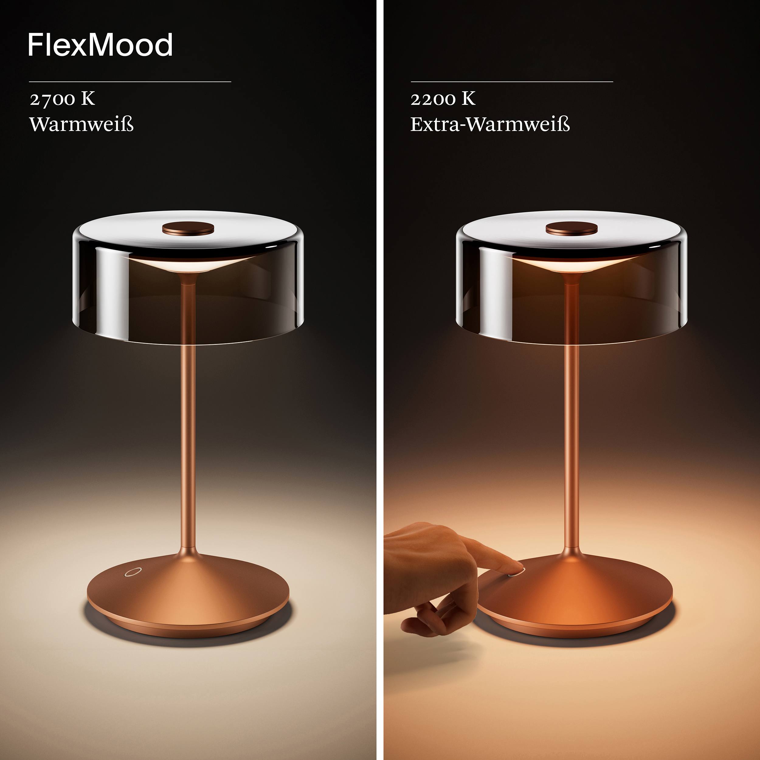 Zwei Tischlampen. Eine mit warmweißem Licht, eine mit extra warmweißem Licht. Beide kupferfarben.