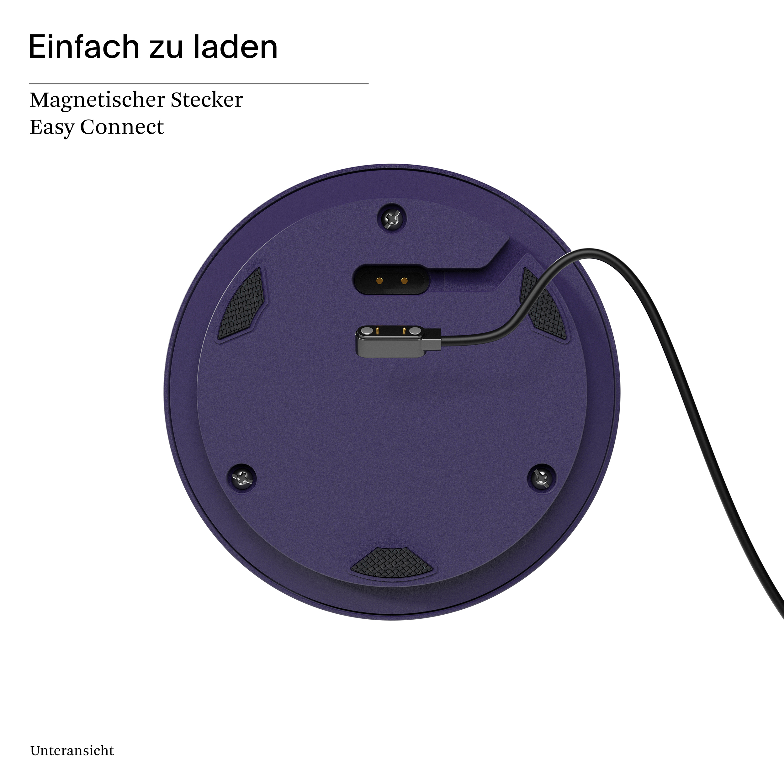 Lila Ladestation mit einem schwarzen Kabel und einem magnetischen Ladegerät.