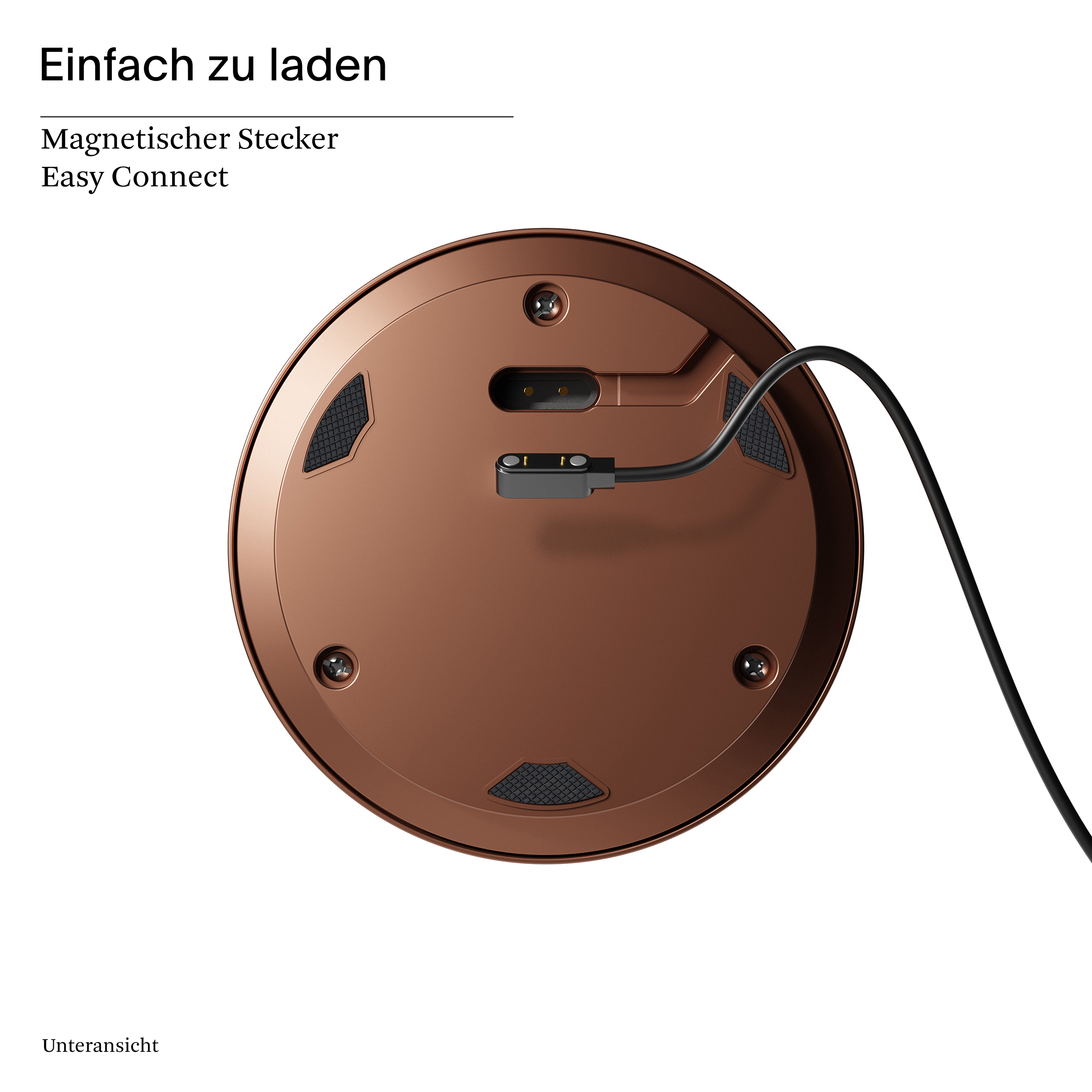 Kupferfarbene Ladestation mit angeschlossenem schwarzen Ladekabel.