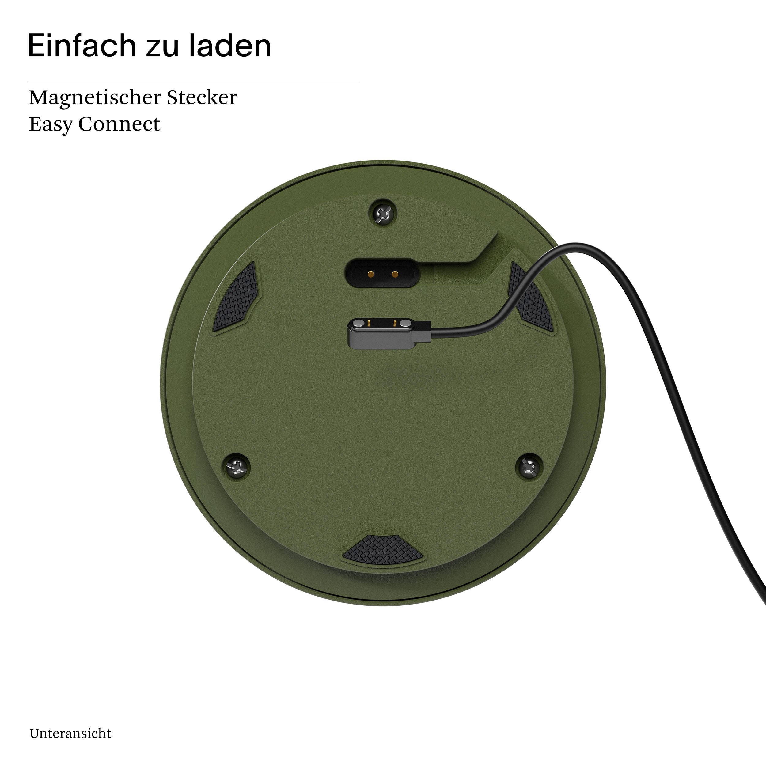 Grüne kreisförmige Ladestation mit angeschlossenem Ladekabel. Weißer Hintergrund.