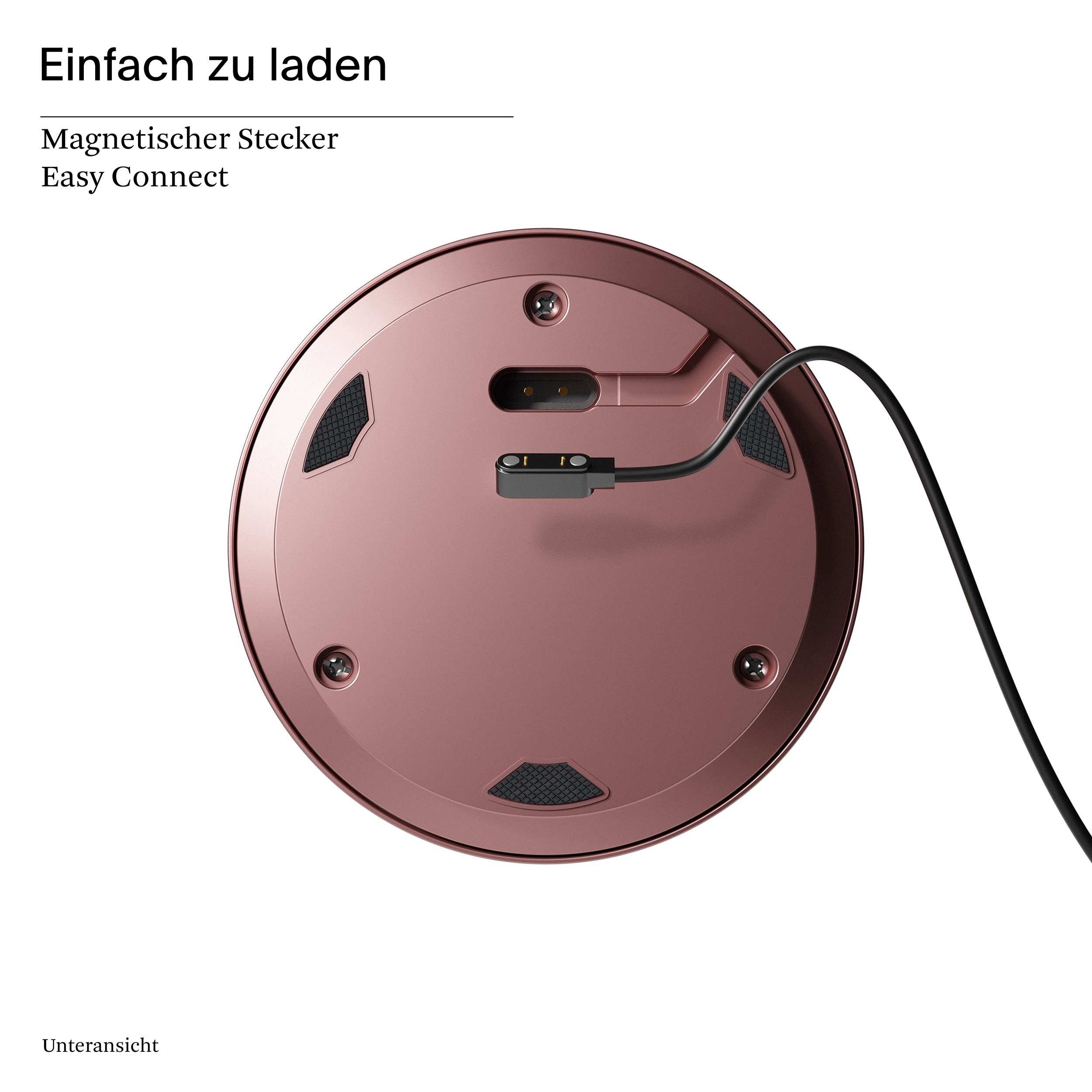 Roségoldfarbene Ladestation mit schwarzem Ladekabel. Text lautet 'Easy Connect'.