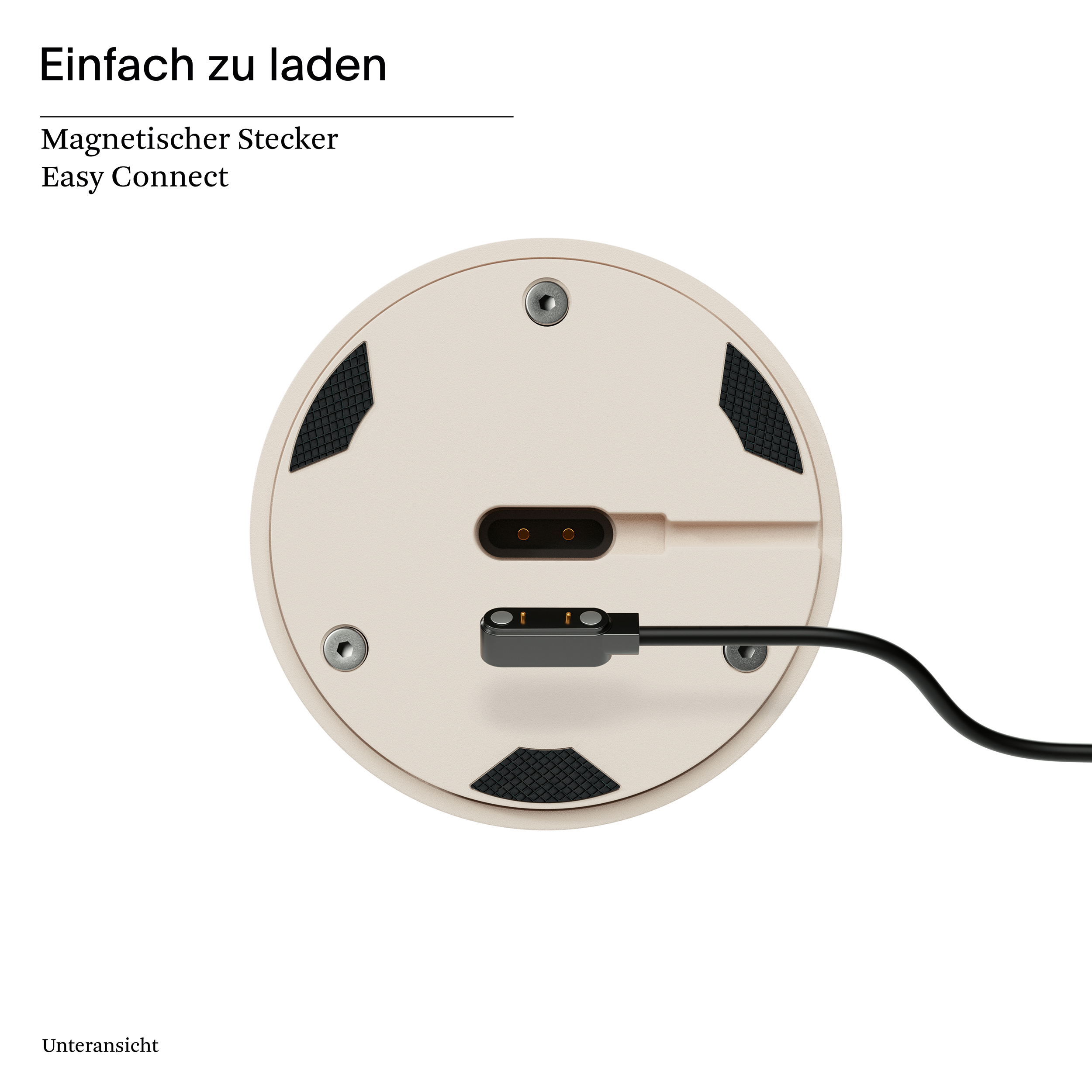Eine weiße Scheibe mit schwarzem Ladeanschluss. Darüber die Worte 'Easy Connect' auf Deutsch.