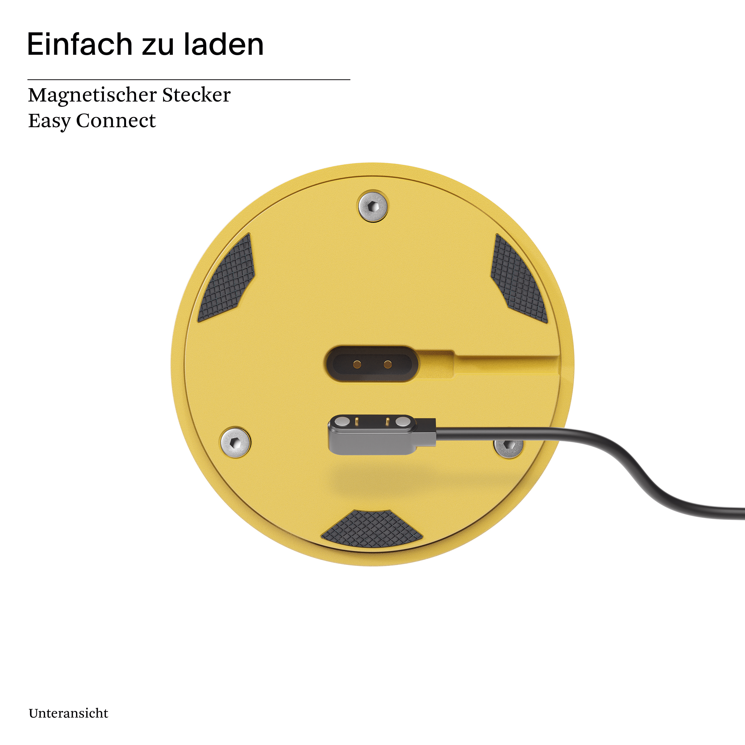 Gelbes Ladegerät mit einem schwarzen Kabel, das an einen grauen Magnetanschluss angeschlossen ist.