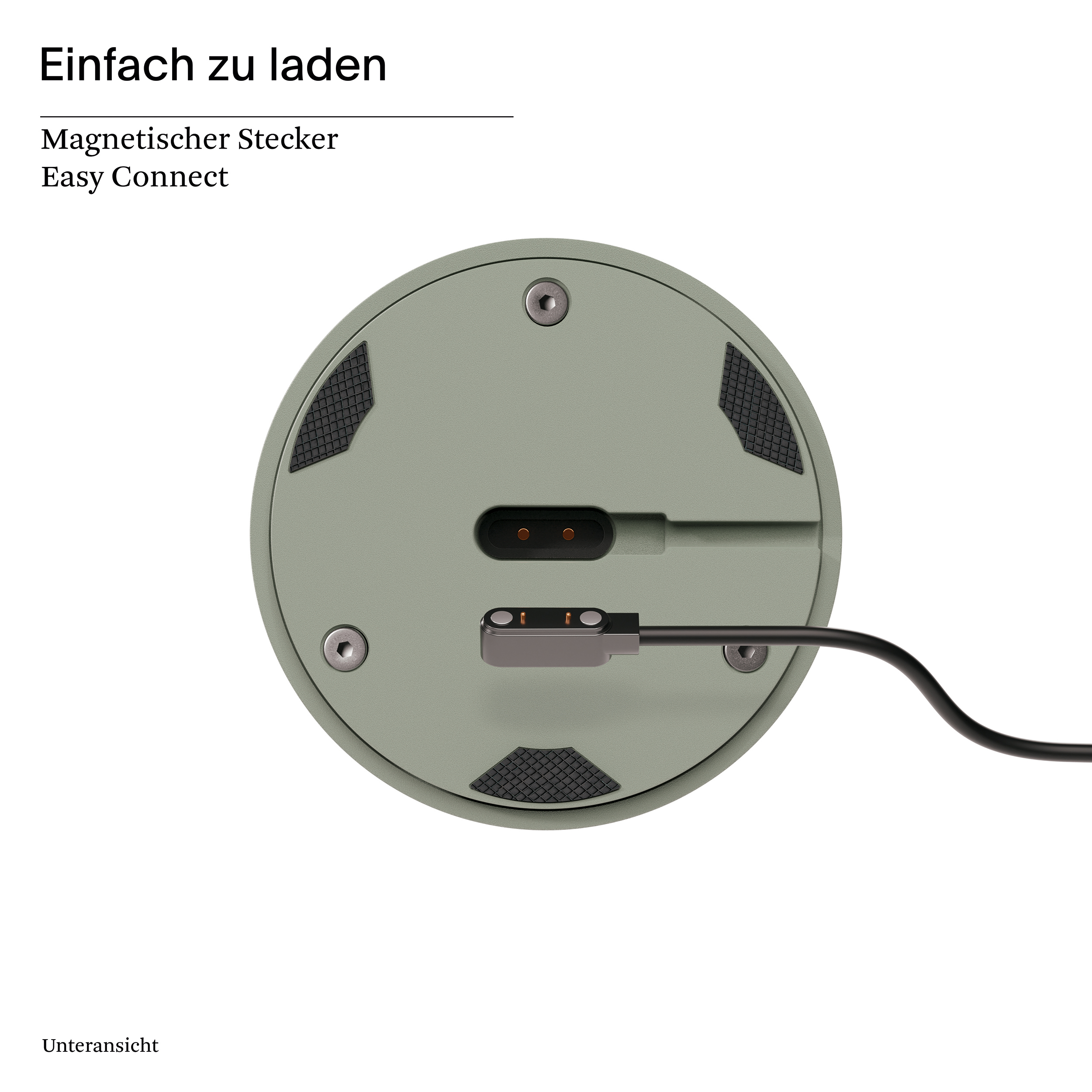 Nahaufnahme einer Ladestation mit Magnetanschluss. Es hat ein grau-schwarzes Design.