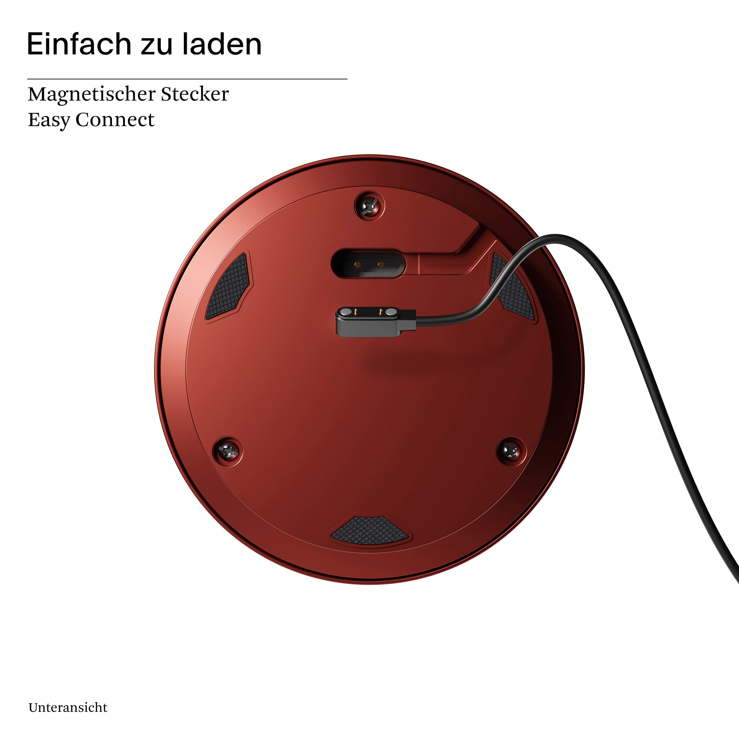 Roter, runder Ladesockel mit Easy-Connect-Anschluss und Magnetanschluss.