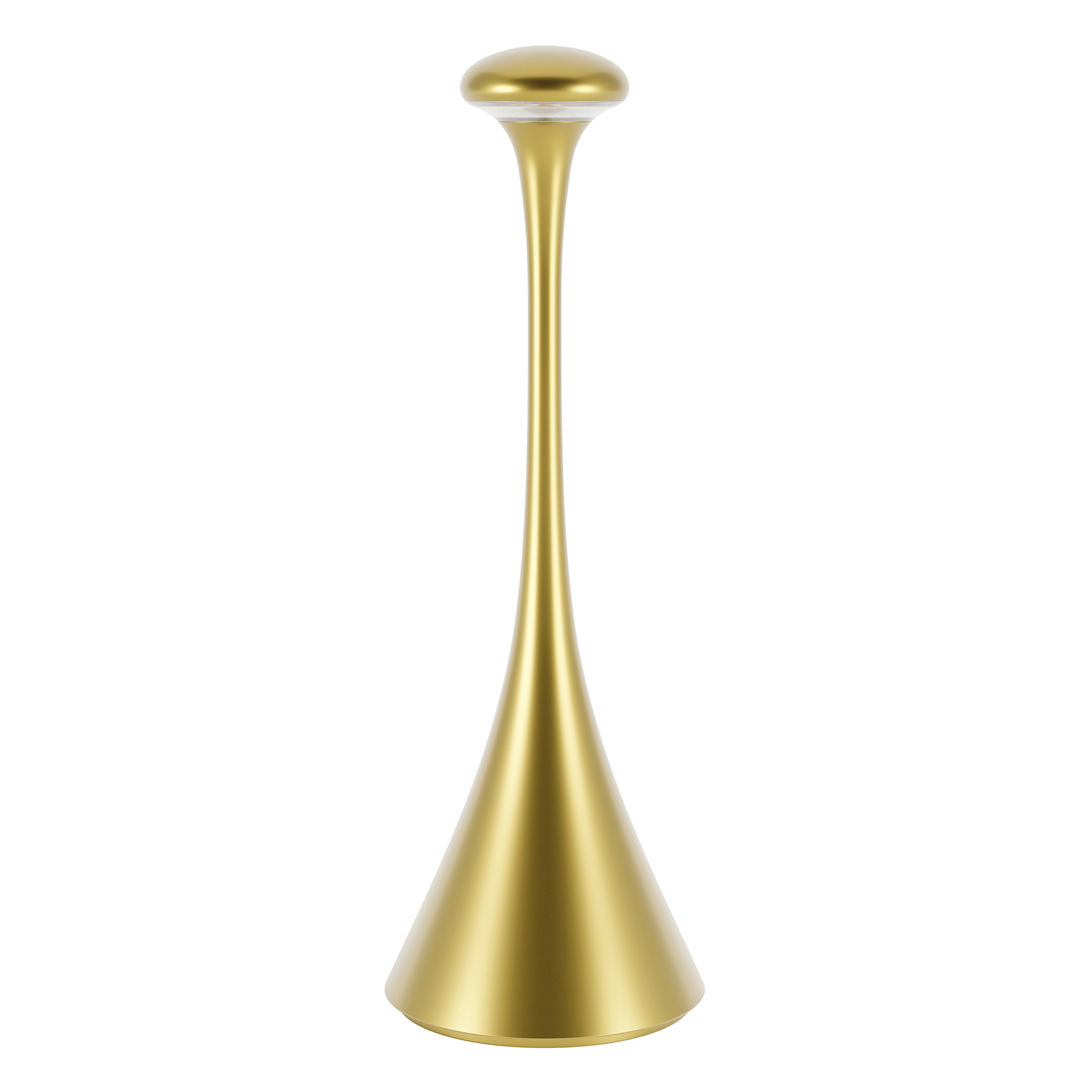 Goldfarbene Schreibtischlampe. Die Lampe hat einen dünnen Hals und einen breiten Fuß.